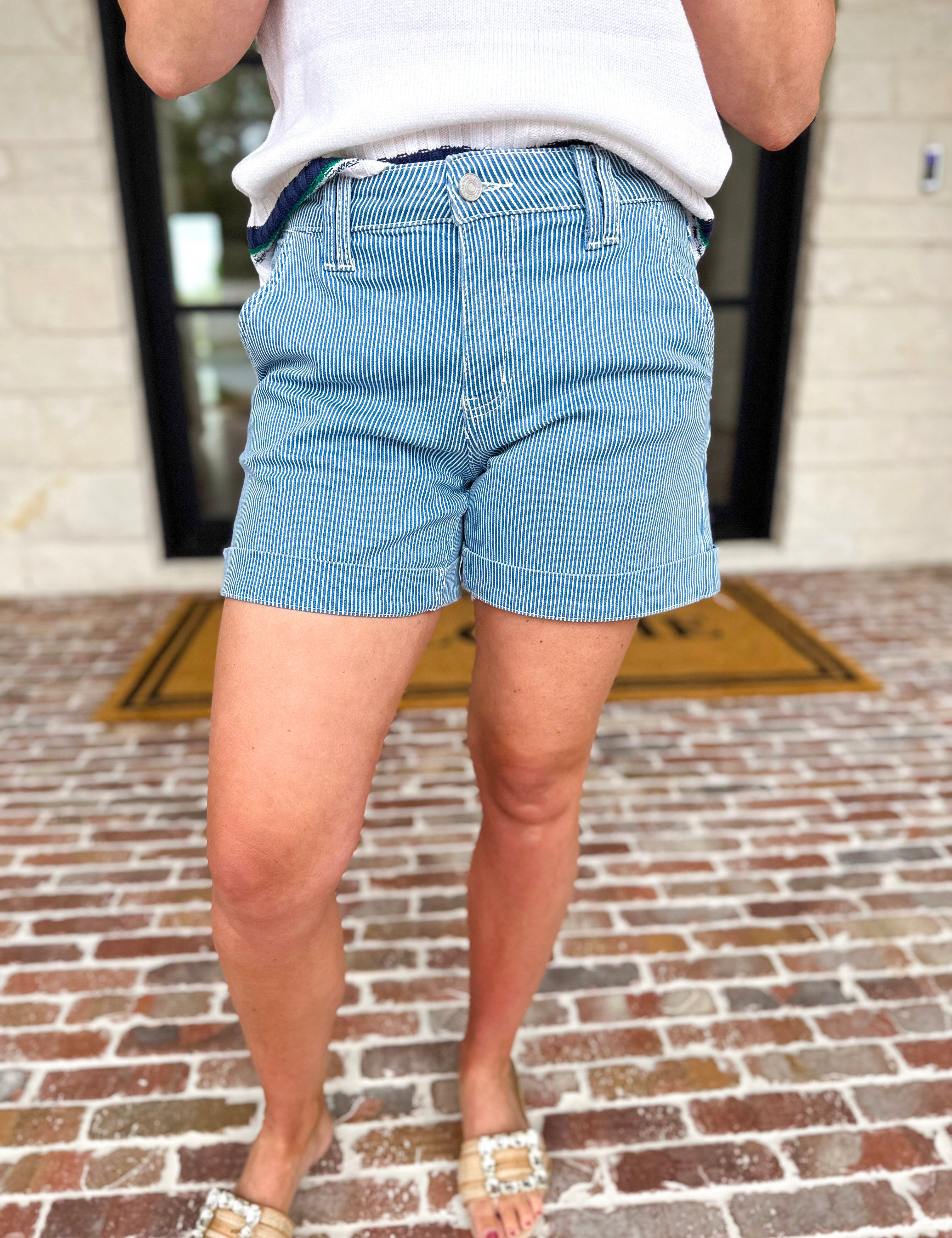 Vervet - High Rise Stripe Denim Shorts-410 Shorts/Skirts-VEVERT BY FLYING MONKEY-July & June Women's Fashion Boutique Located in San Antonio, Texas