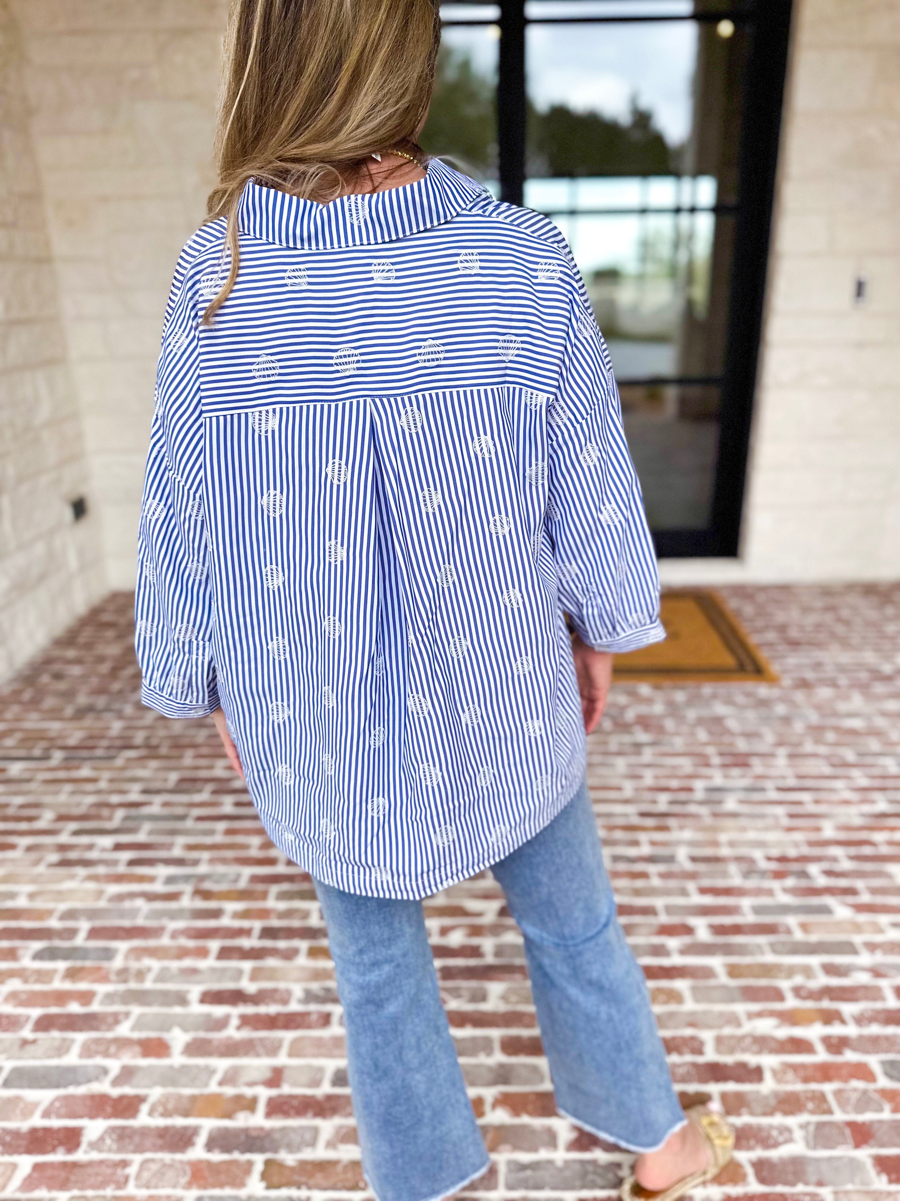 Seashell Flow Button Down Blouse-200 Fashion Blouses-FATE-July & June Women's Fashion Boutique Located in San Antonio, Texas