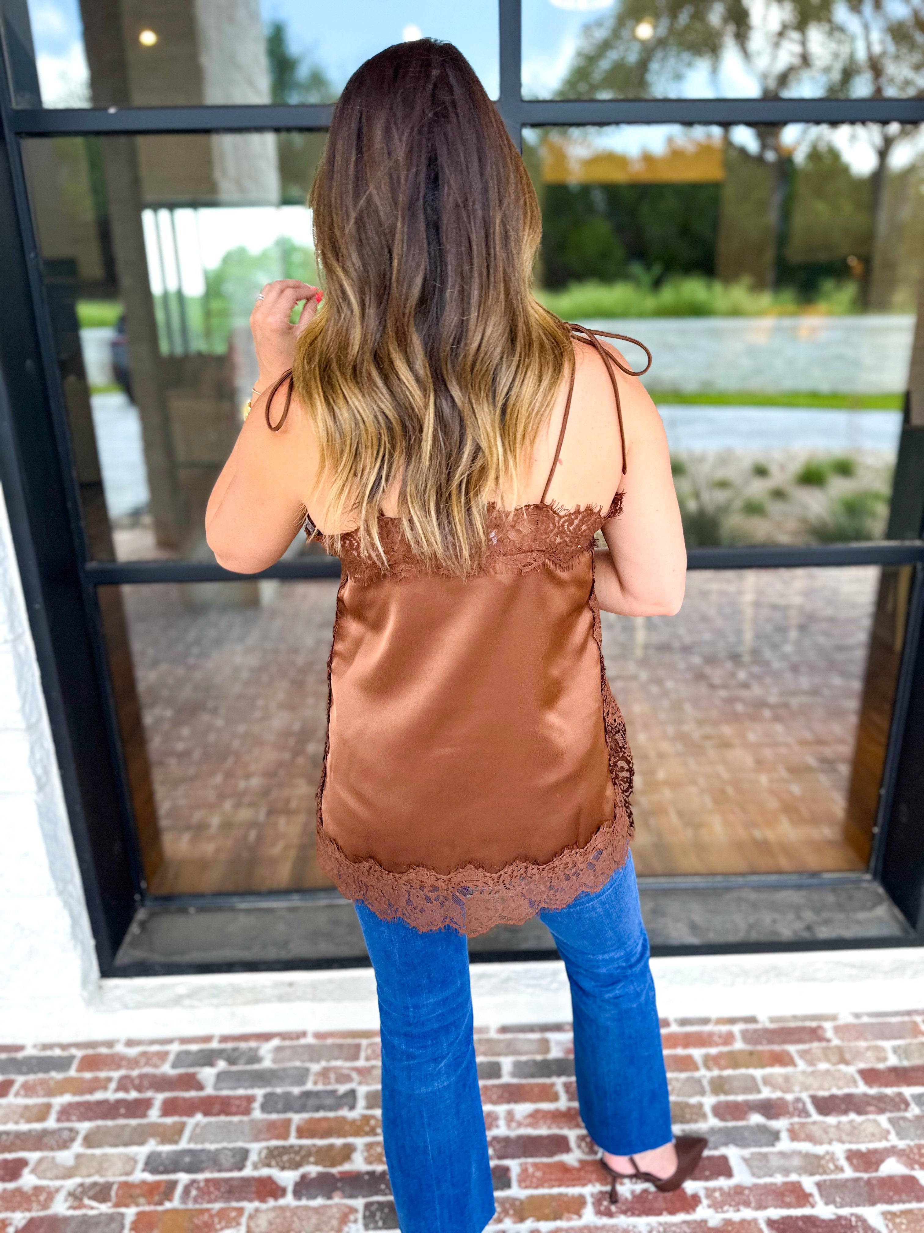 Date Night Lace Cami - Brown-200 Fashion Blouses-ENTRO-July & June Women's Fashion Boutique Located in San Antonio, Texas