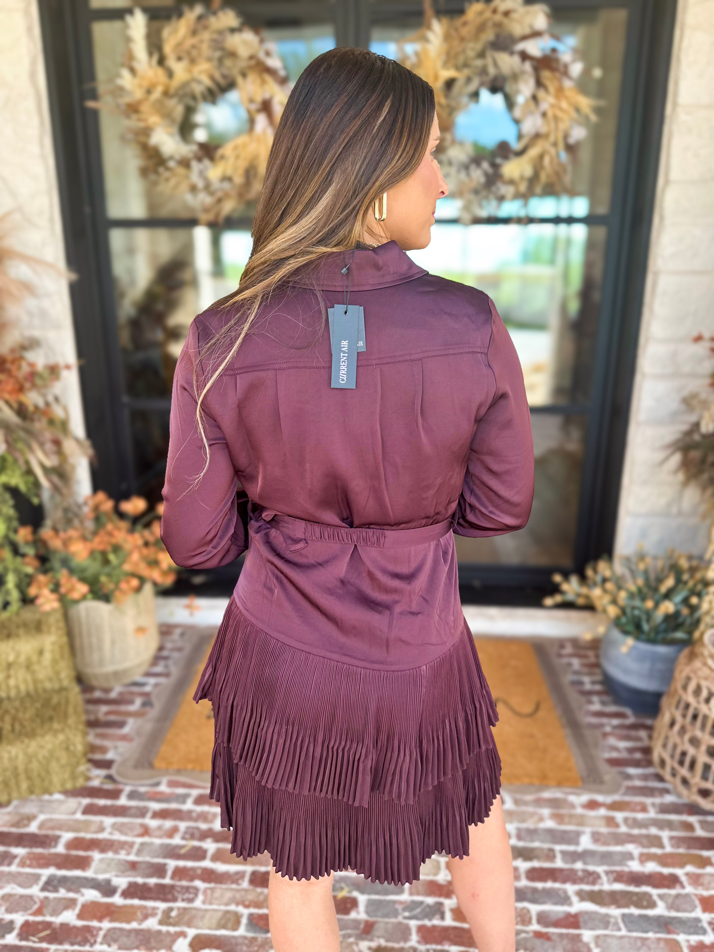 Current Air - Bordeaux Pleated Satin Mini Dress-510 Mini-CURRENT AIR CLOTHING-July & June Women's Fashion Boutique Located in San Antonio, Texas