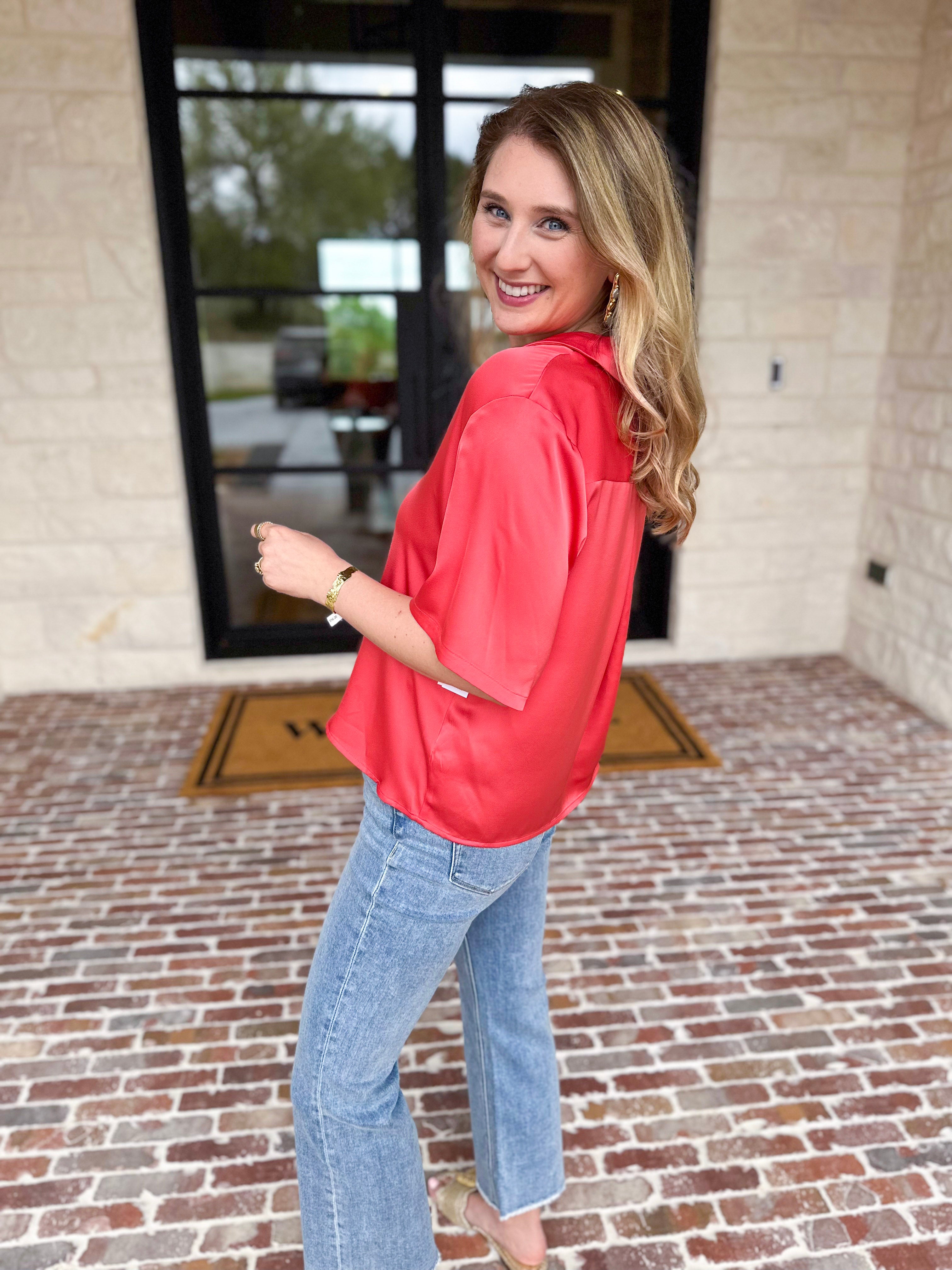 LIVERPOOL - Short Sleeve Satin Top - Sunset Coral-200 Fashion Blouses-LIVERPOOL JEANS COMPANY-July & June Women's Fashion Boutique Located in San Antonio, Texas