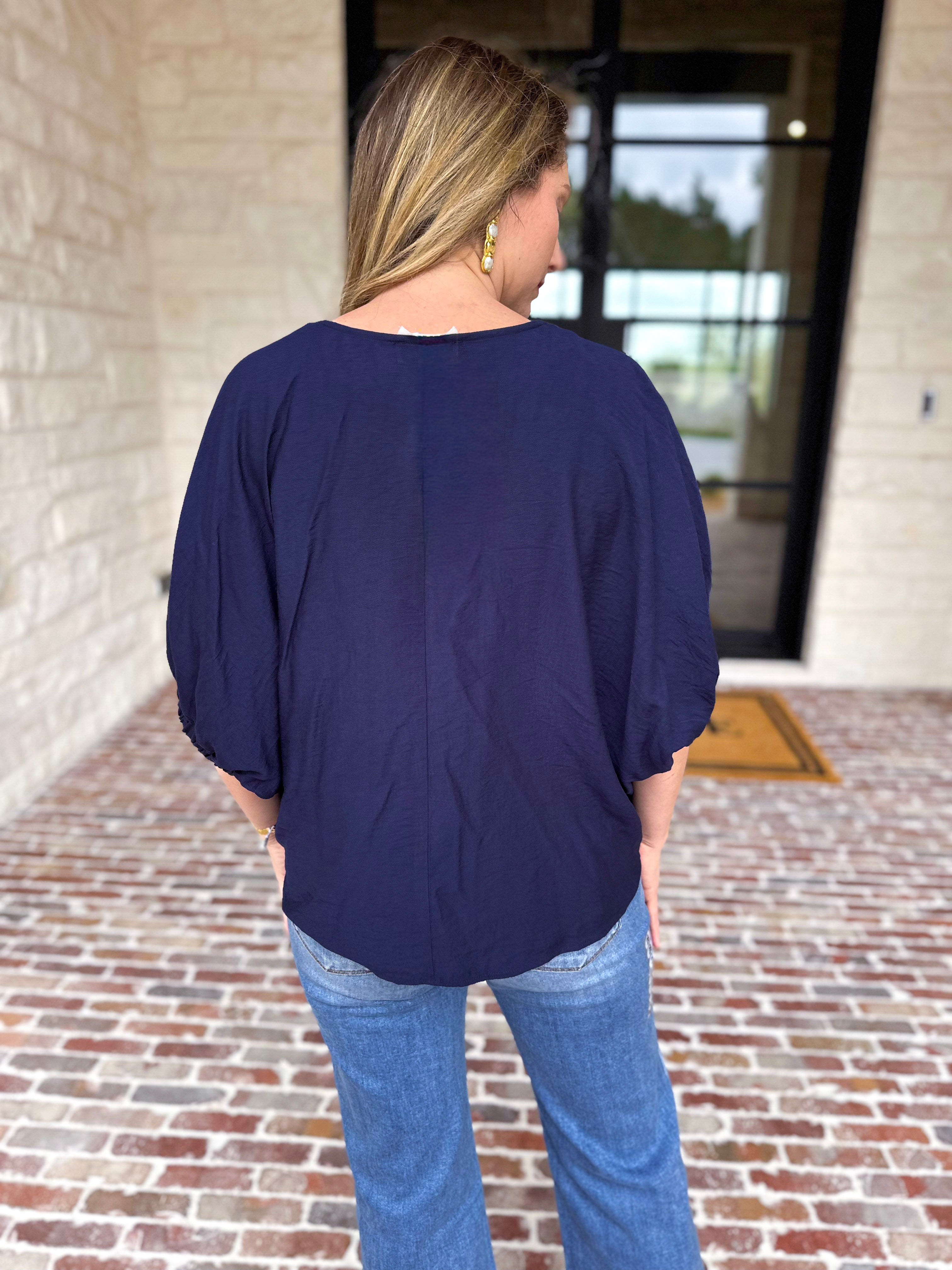 Braided Blouse - Navy-200 Fashion Blouses-ENTRO-July & June Women's Fashion Boutique Located in San Antonio, Texas