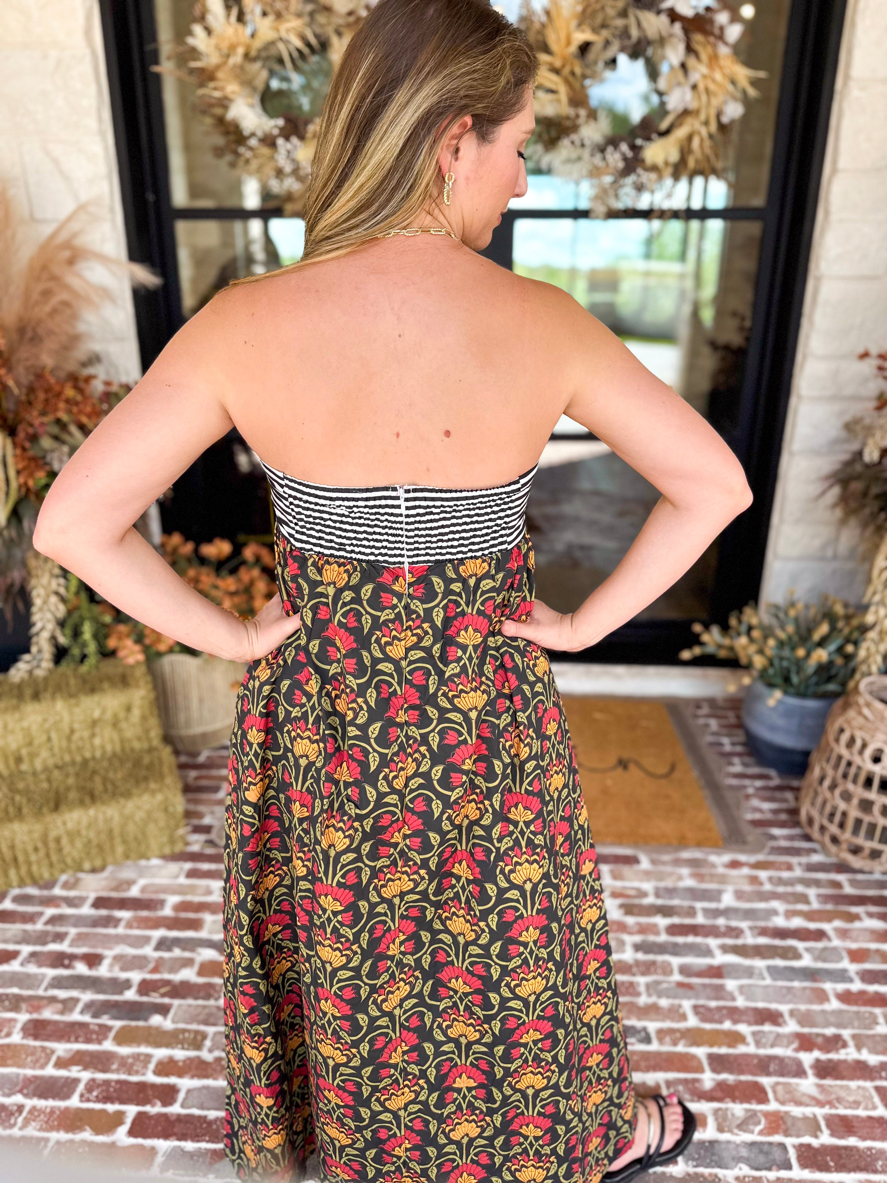 Floral & Stripes Strapless Maxi Dress-500 Midi-TCEC-July & June Women's Fashion Boutique Located in San Antonio, Texas