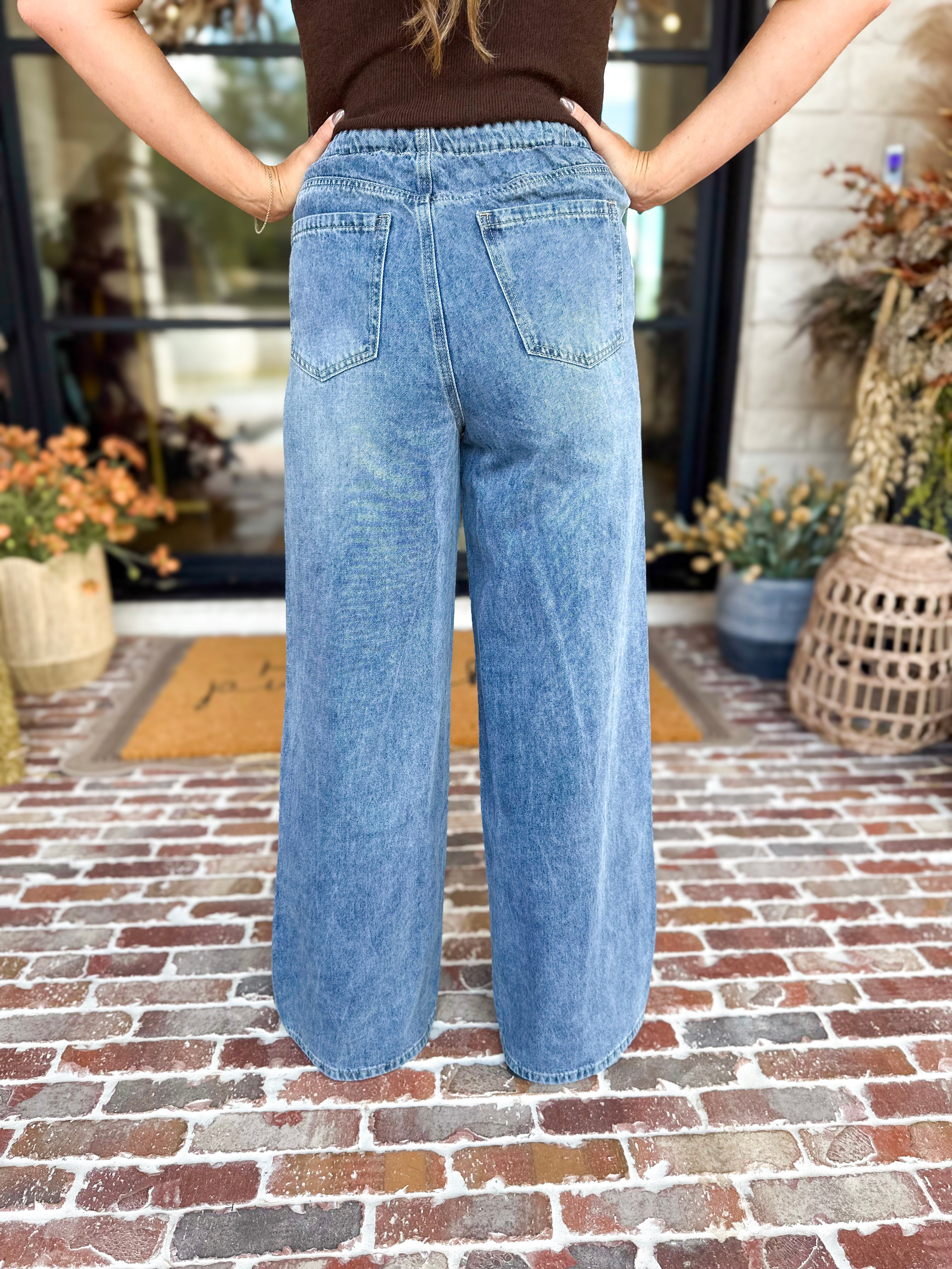Denim & Suede Trim Drawstring Pants-400 Pants-SKIES ARE BLUE-July & June Women's Fashion Boutique Located in San Antonio, Texas