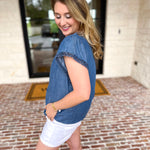 Current Air - Chambray Details Blouse-200 Fashion Blouses-CURRENT AIR CLOTHING-July & June Women's Fashion Boutique Located in San Antonio, Texas