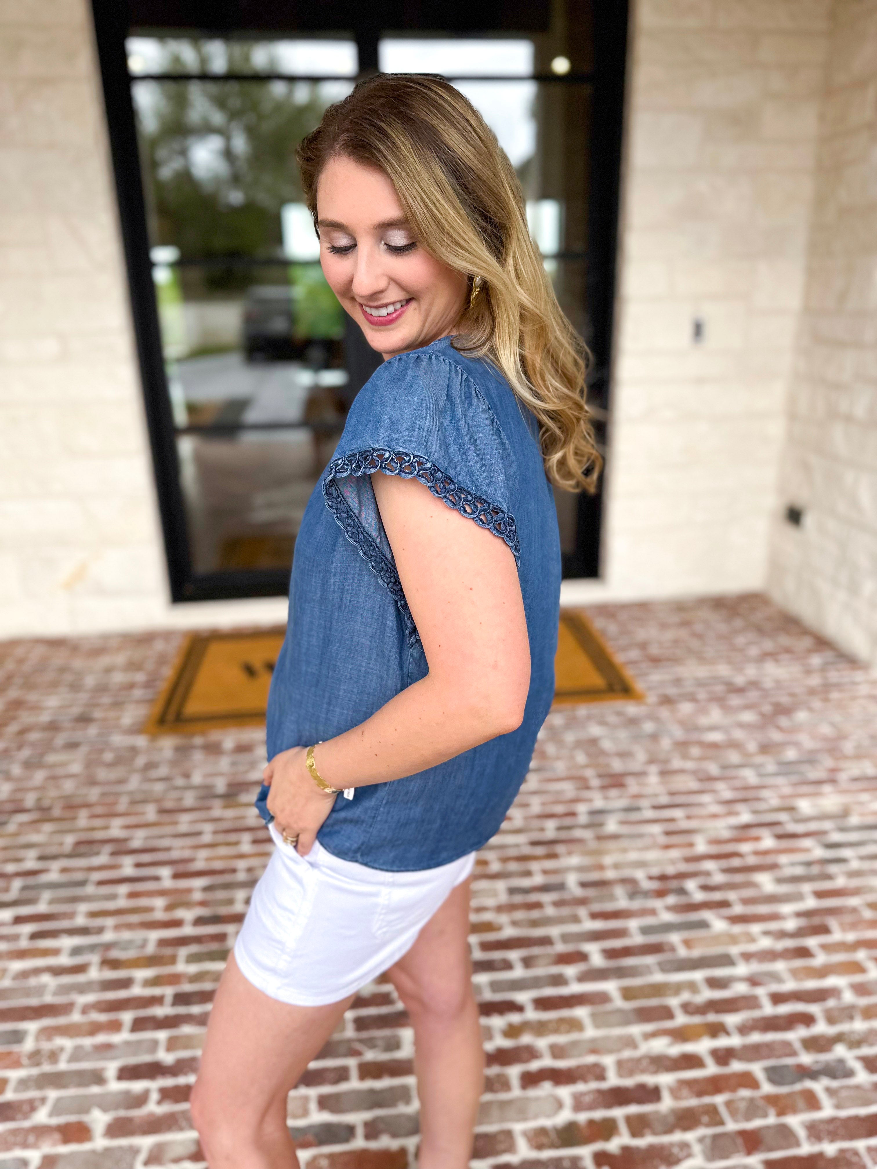 Current Air - Chambray Details Blouse-200 Fashion Blouses-CURRENT AIR CLOTHING-July & June Women's Fashion Boutique Located in San Antonio, Texas