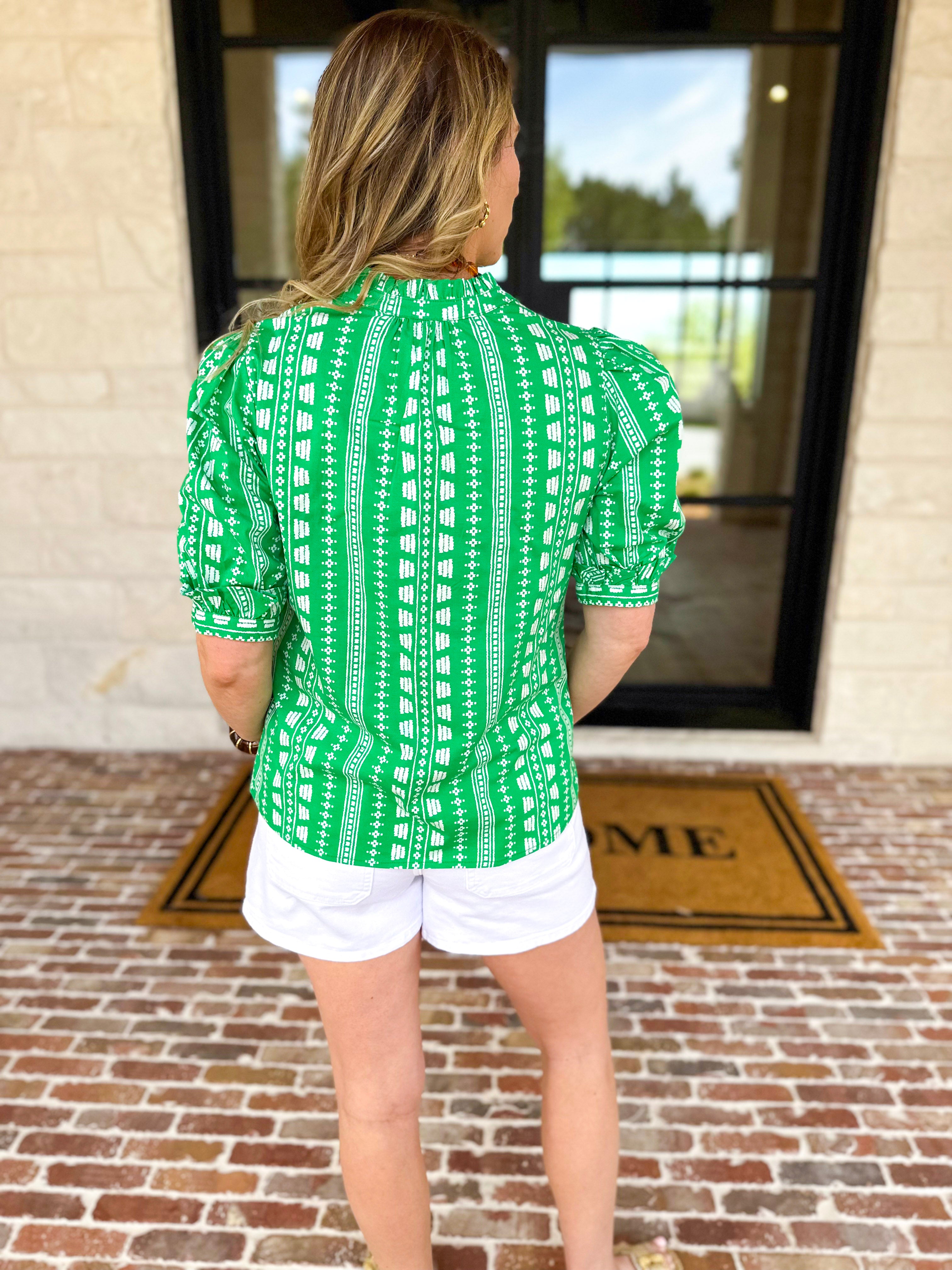 Mary Square - Colette Heritage Green Blouse-200 Fashion Blouses-MARY SQUARE-July & June Women's Fashion Boutique Located in San Antonio, Texas