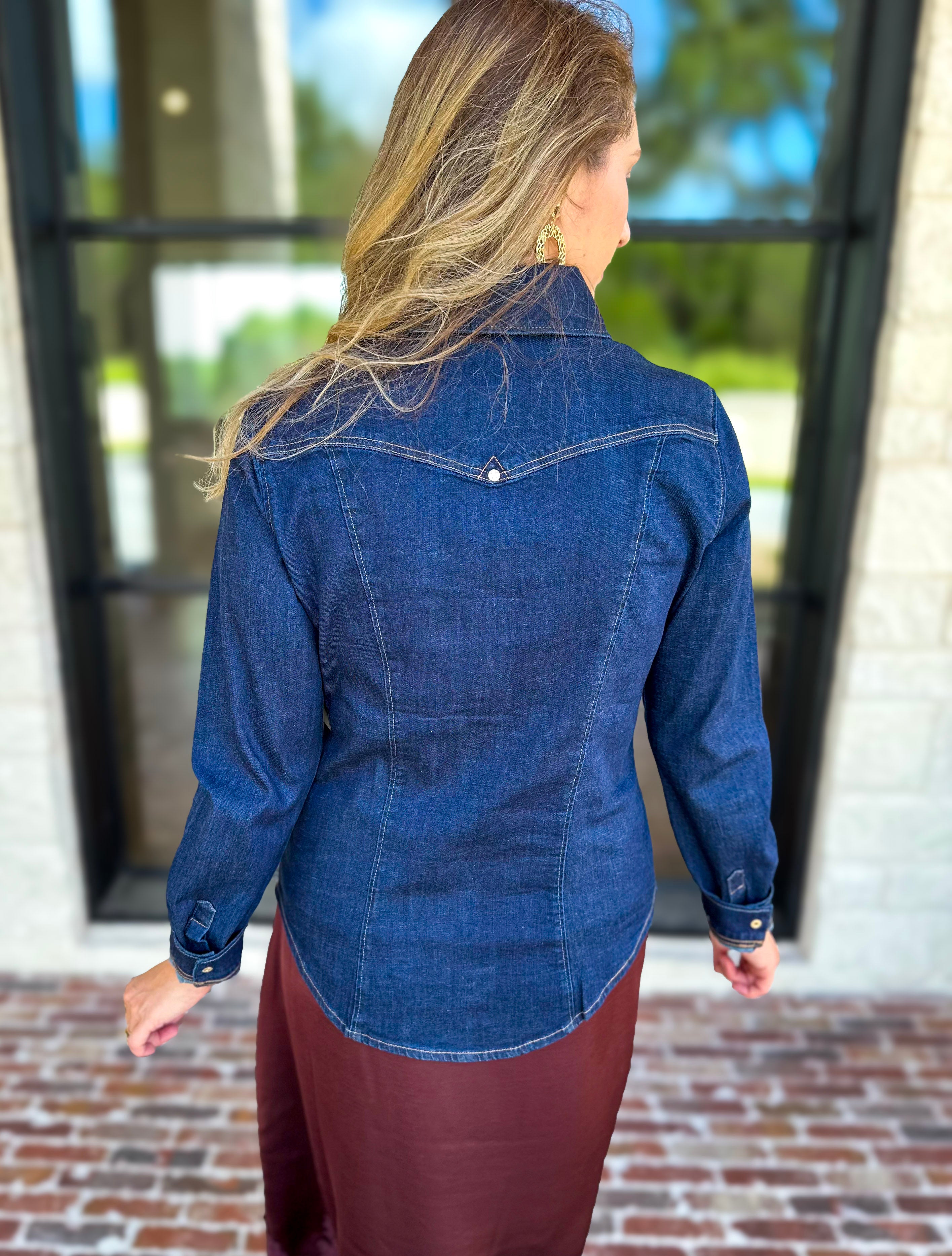 Liverpool - The Dakota Denim Button Down-200 Fashion Blouses-LIVERPOOL JEANS COMPANY-July & June Women's Fashion Boutique Located in San Antonio, Texas