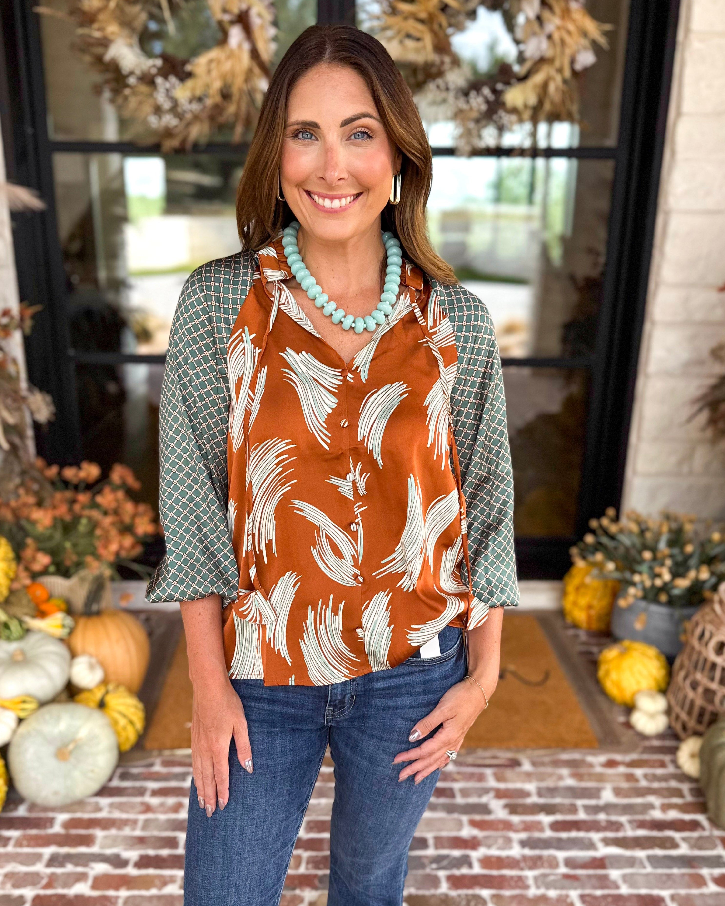 THML - Autumn Pattern Play Blouse-200 Fashion Blouses-THML-July & June Women's Fashion Boutique Located in San Antonio, Texas