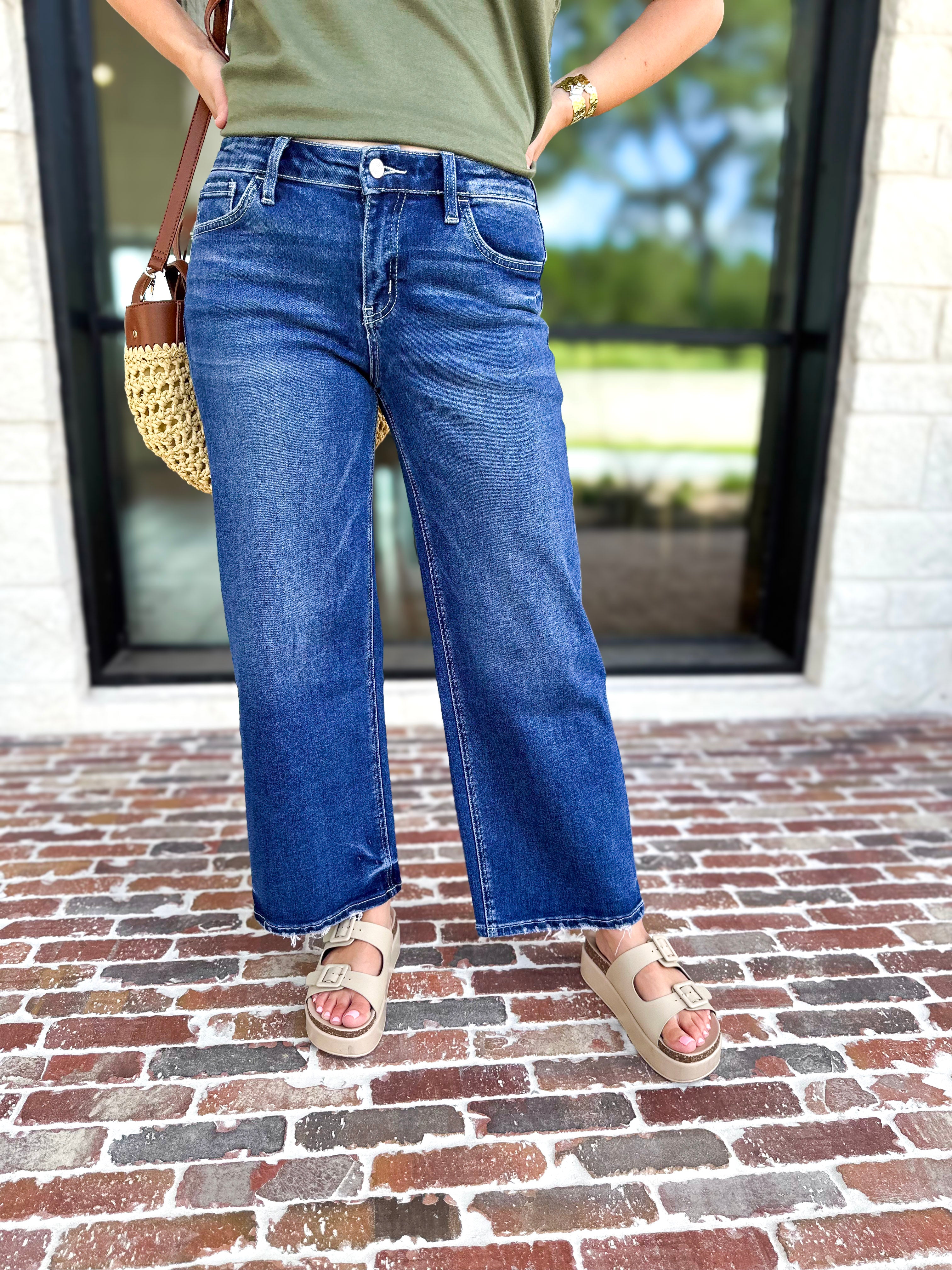 Vervet - Mid Rise Dark Wash Ankle Wide Leg Jeans-420 Denim-VEVERT BY FLYING MONKEY-July & June Women's Fashion Boutique Located in San Antonio, Texas