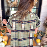 THML - Groves Plaid Ruffle Neck Blouse-200 Fashion Blouses-THML-July & June Women's Fashion Boutique Located in San Antonio, Texas