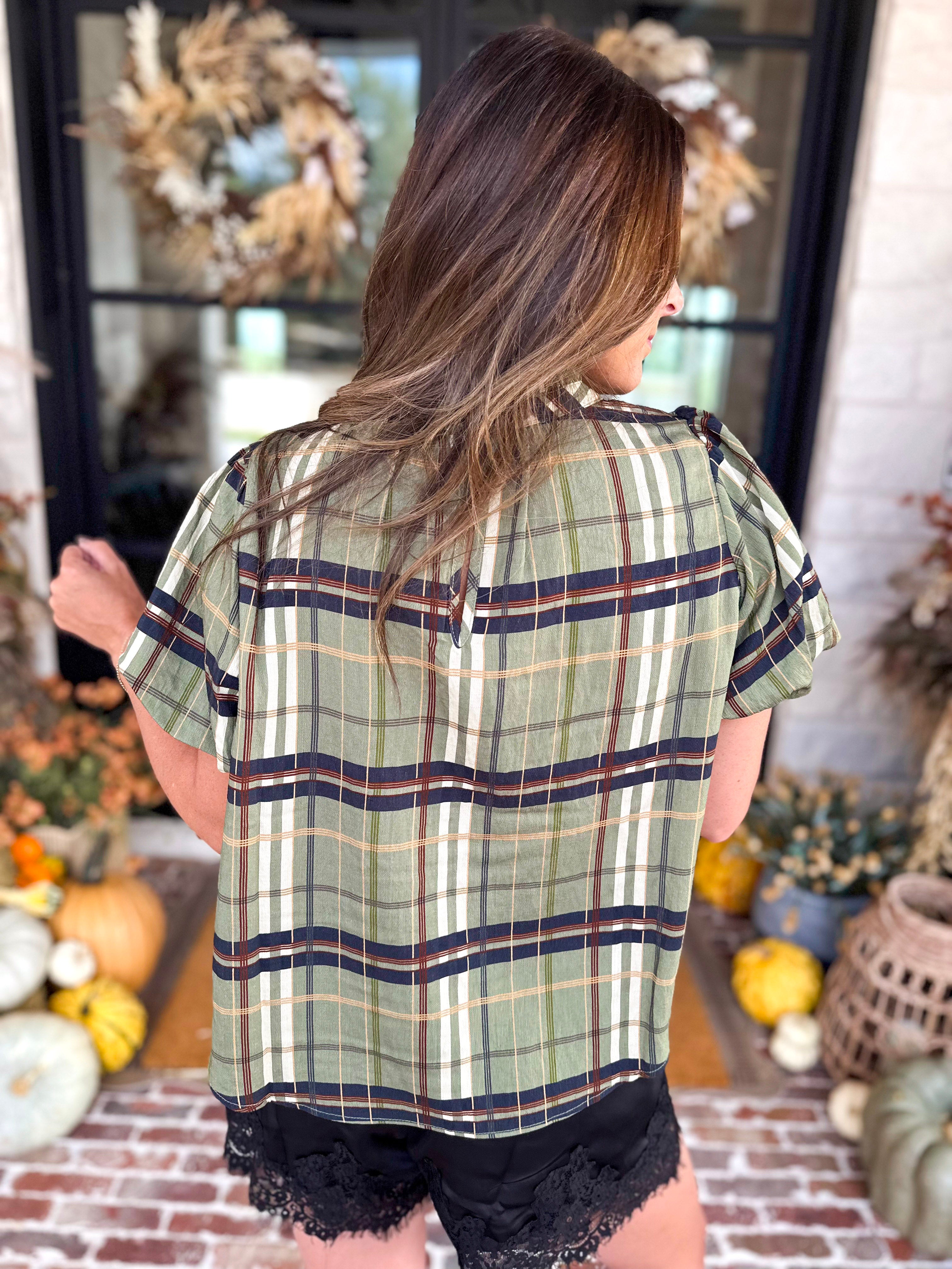 THML - Groves Plaid Ruffle Neck Blouse-200 Fashion Blouses-THML-July & June Women's Fashion Boutique Located in San Antonio, Texas