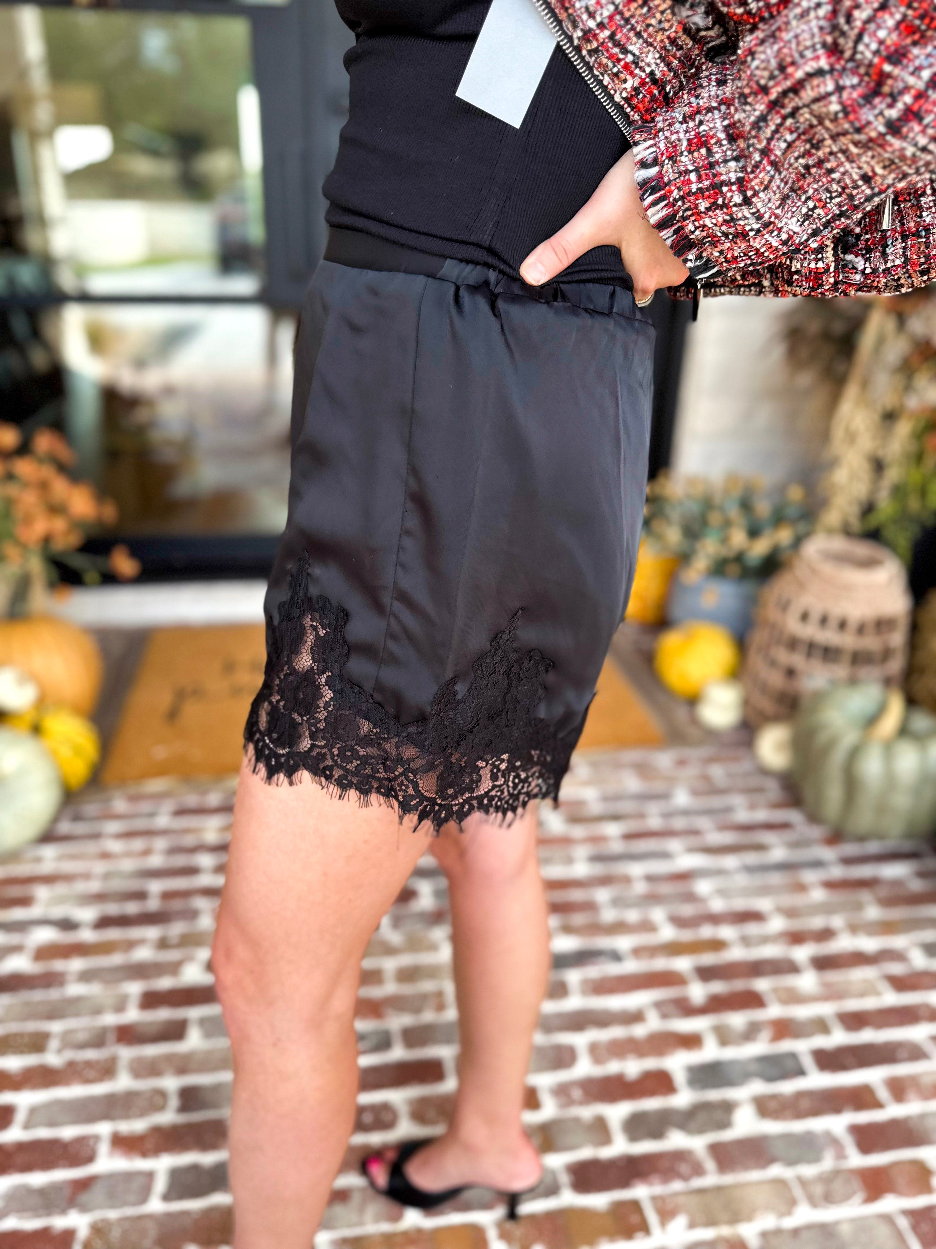 Satin Date Night Black Lace Shorts-410 Shorts/Skirts-TCEC-July & June Women's Fashion Boutique Located in San Antonio, Texas