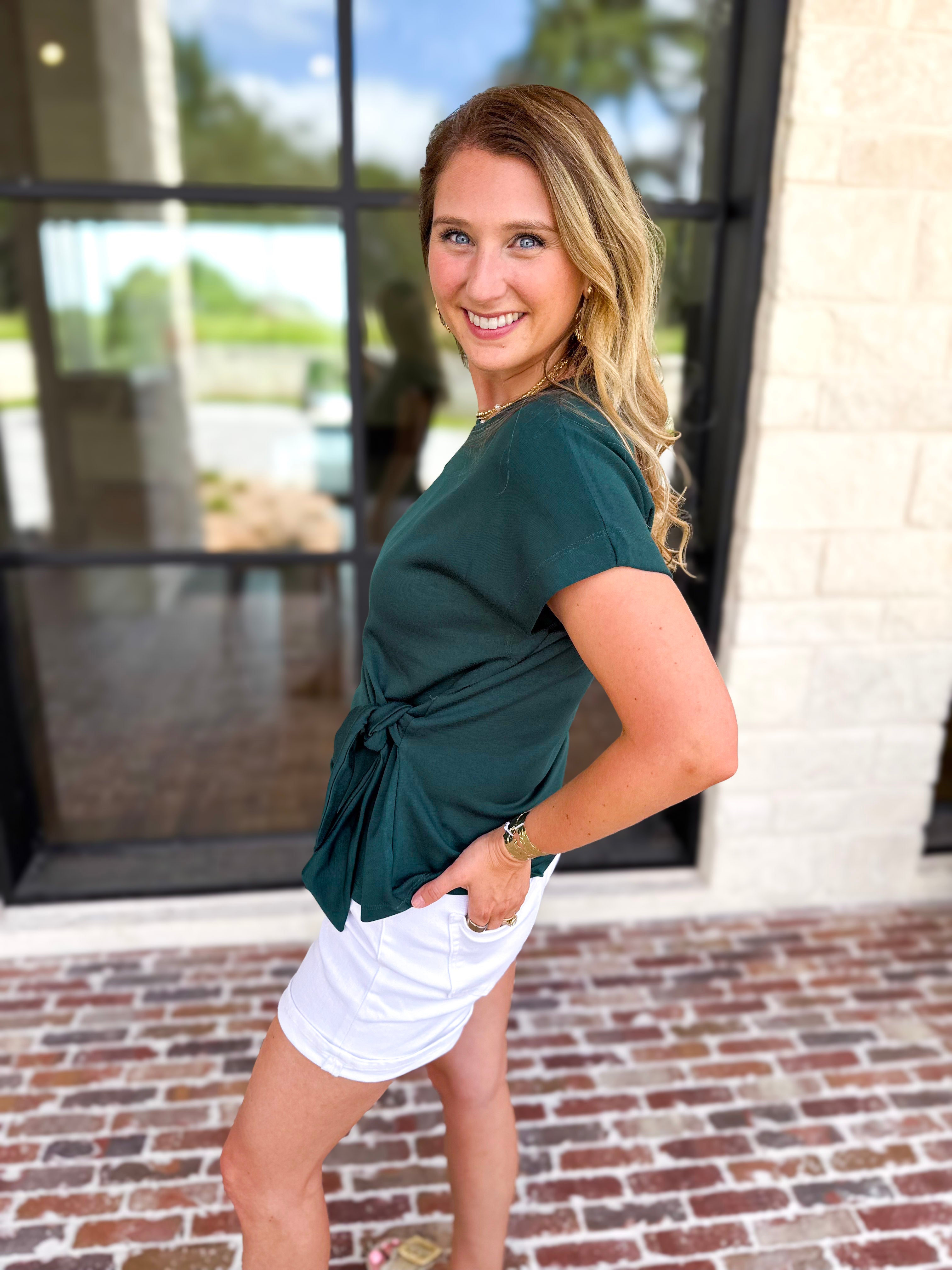 Essentials Knotted Blouse - Hunter Green-200 Fashion Blouses-ENTRO-July & June Women's Fashion Boutique Located in San Antonio, Texas