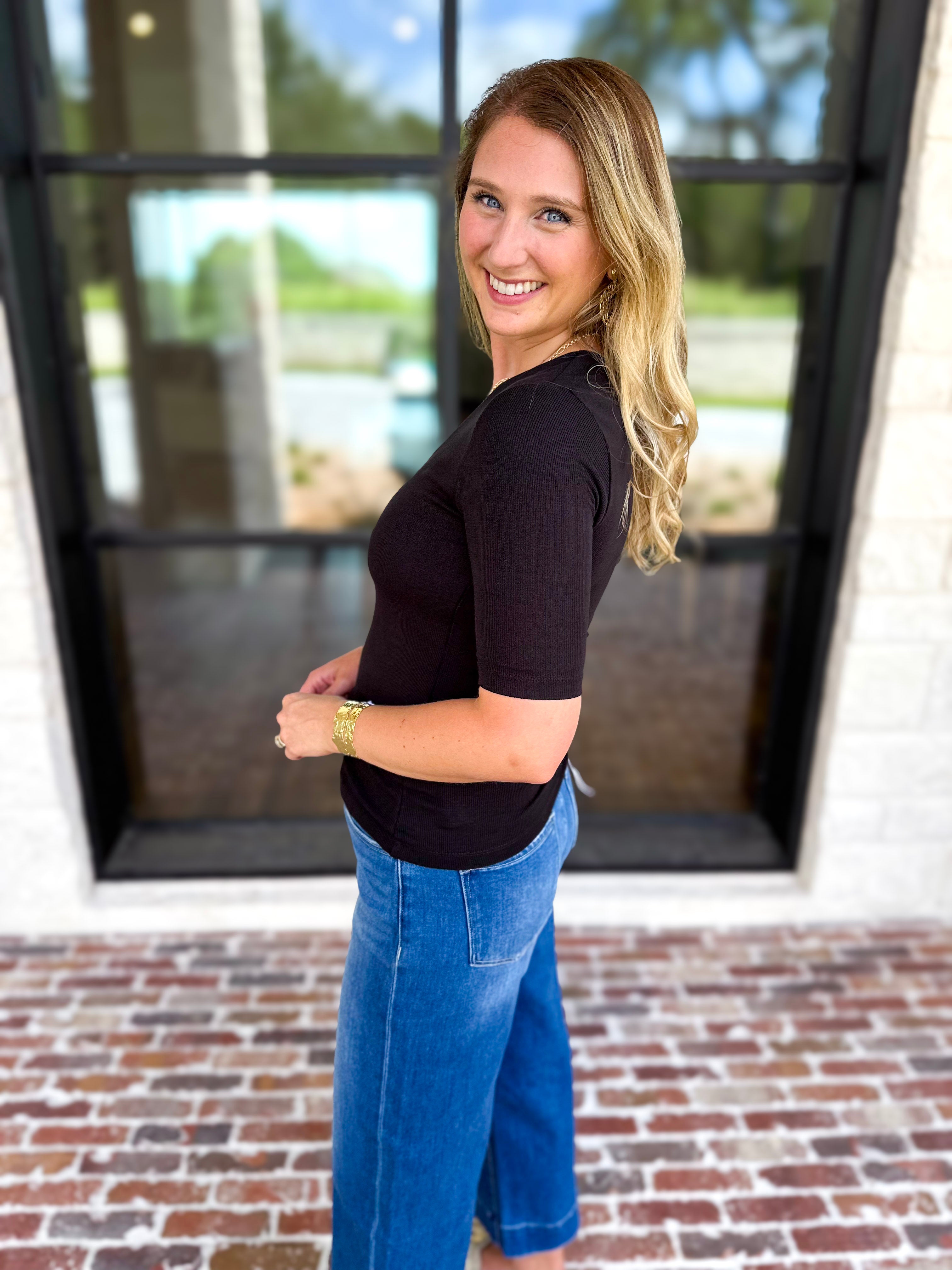 Liverpool - Double Layer V-Neck Top - Black-210 Casual Blouses-LIVERPOOL JEANS COMPANY-July & June Women's Fashion Boutique Located in San Antonio, Texas