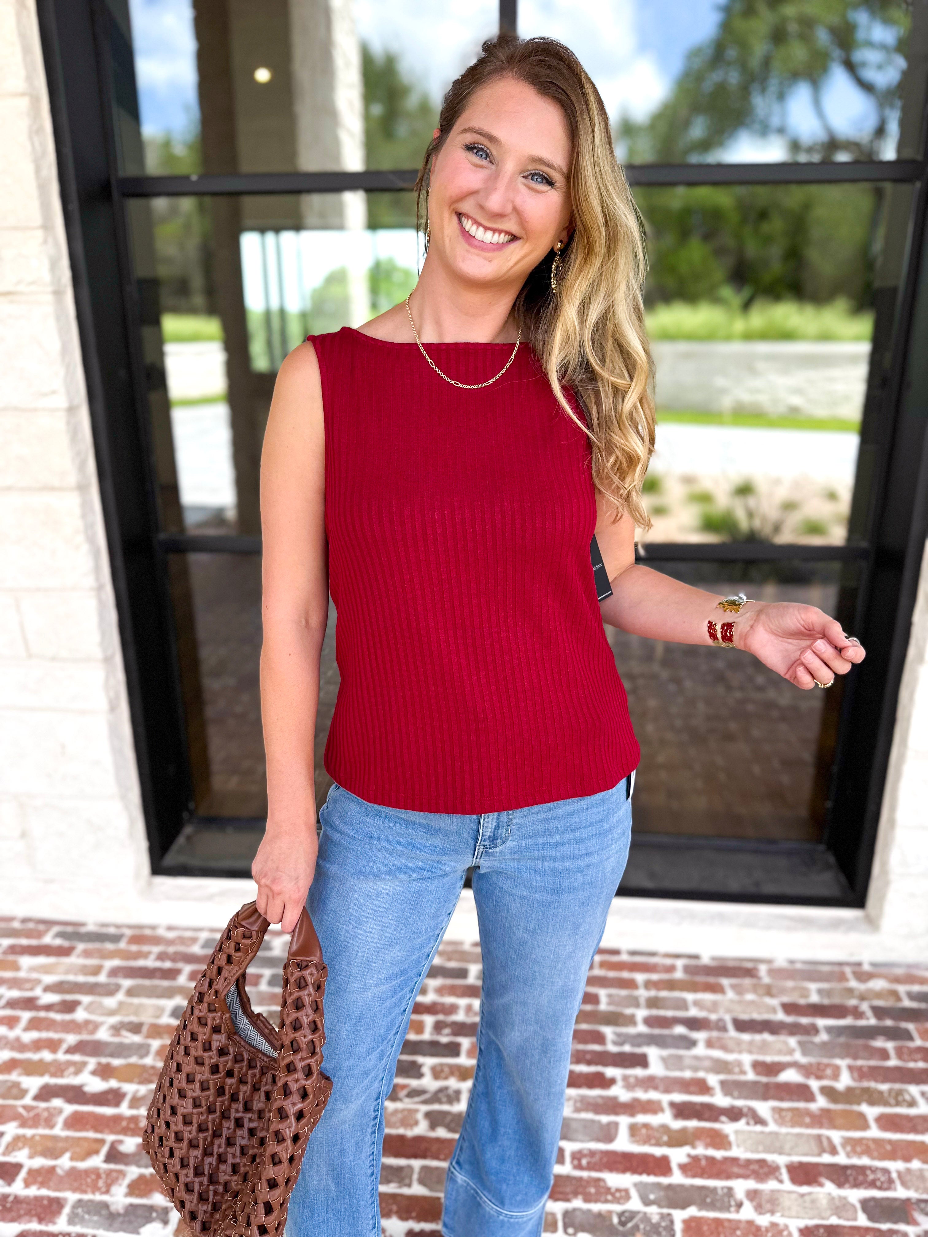 Liverpool - Classic Boatneck Knit Tank - Cranberry-210 Casual Blouses-LIVERPOOL JEANS COMPANY-July & June Women's Fashion Boutique Located in San Antonio, Texas
