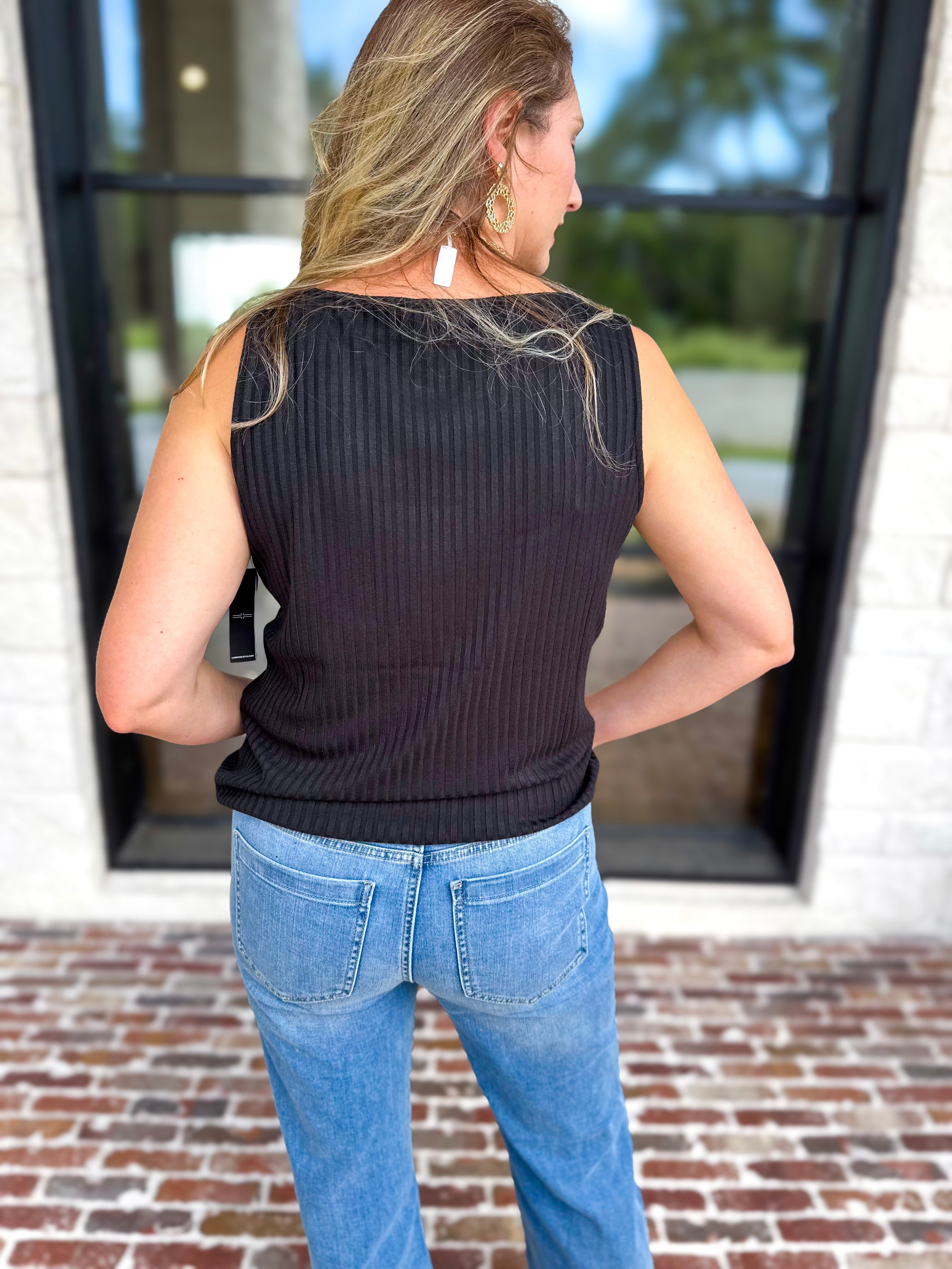 Liverpool - Classic Boatneck Knit Tank - Black-210 Casual Blouses-LIVERPOOL JEANS COMPANY-July & June Women's Fashion Boutique Located in San Antonio, Texas