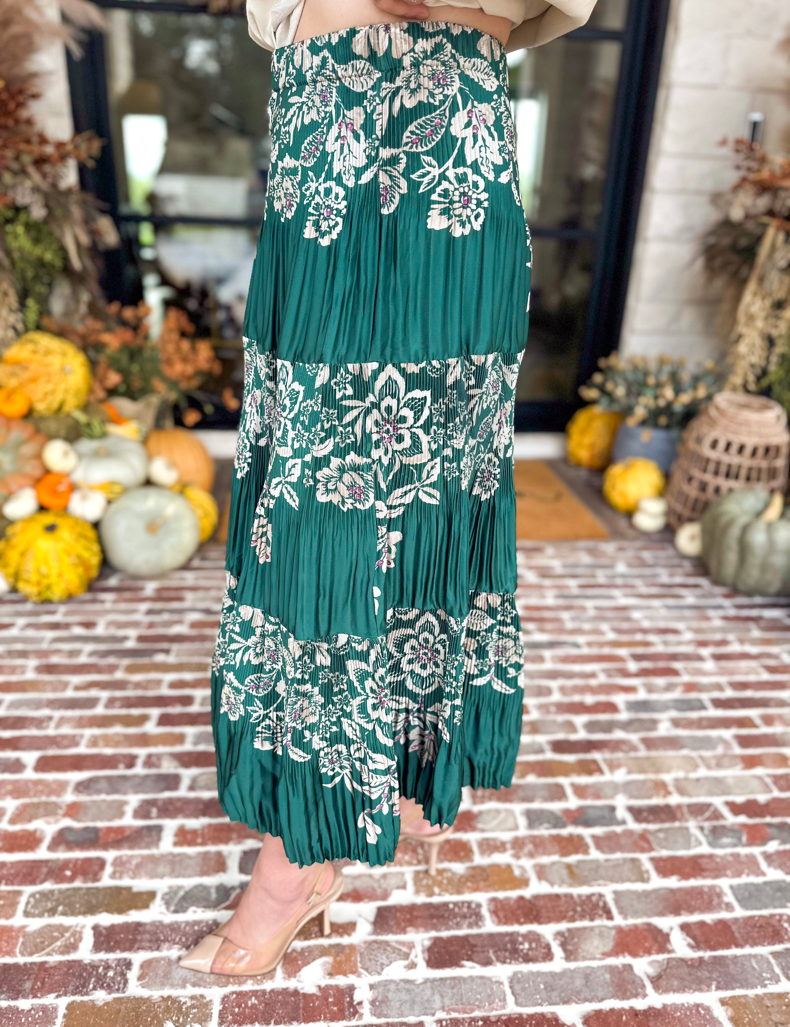 Current Air - Emerald Green Floral Pleated Midi Skirt-410 Shorts/Skirts-CURRENT AIR CLOTHING-July & June Women's Fashion Boutique Located in San Antonio, Texas