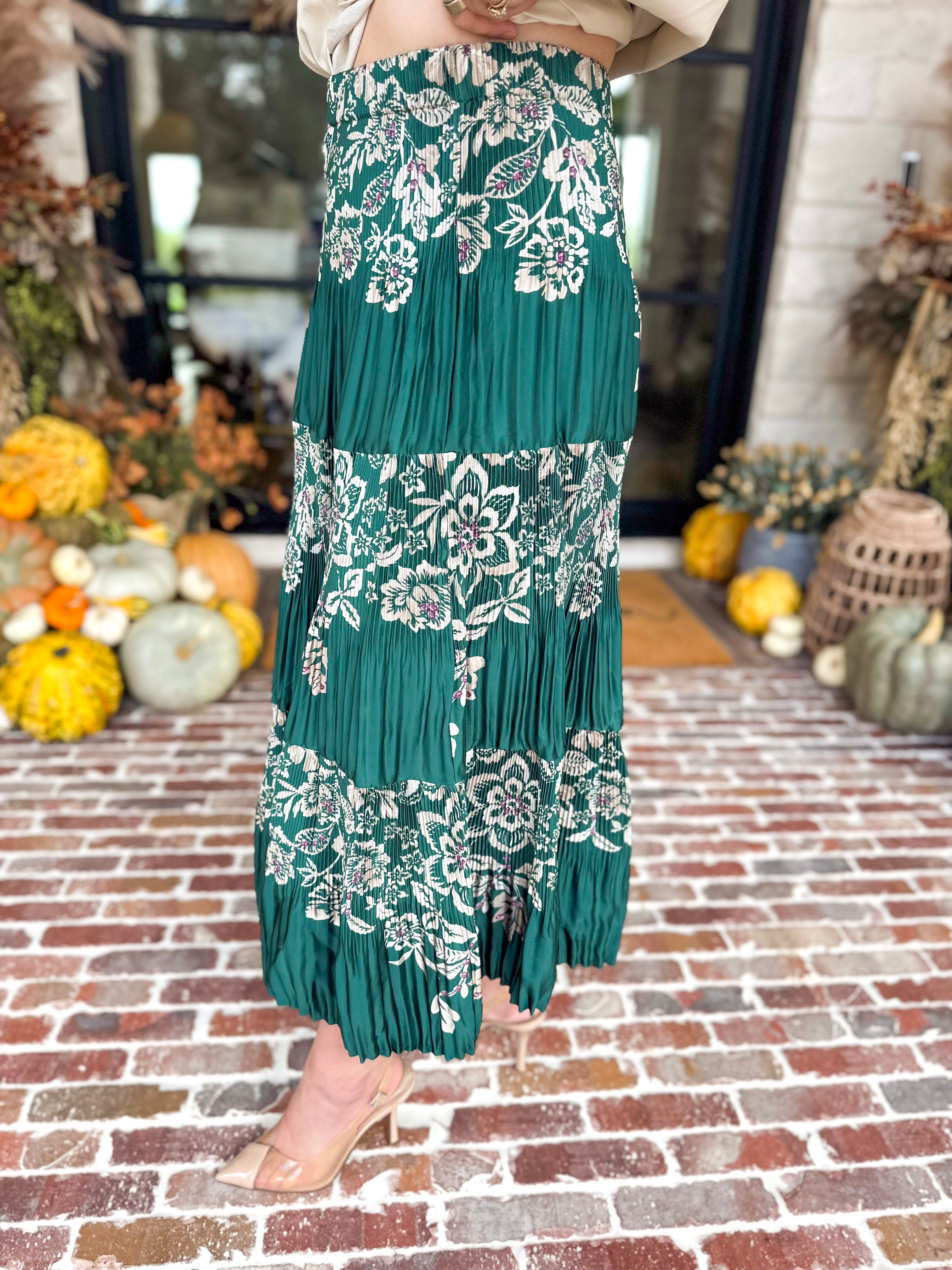 Current Air - Emerald Green Floral Pleated Midi Skirt-410 Shorts/Skirts-CURRENT AIR CLOTHING-July & June Women's Fashion Boutique Located in San Antonio, Texas