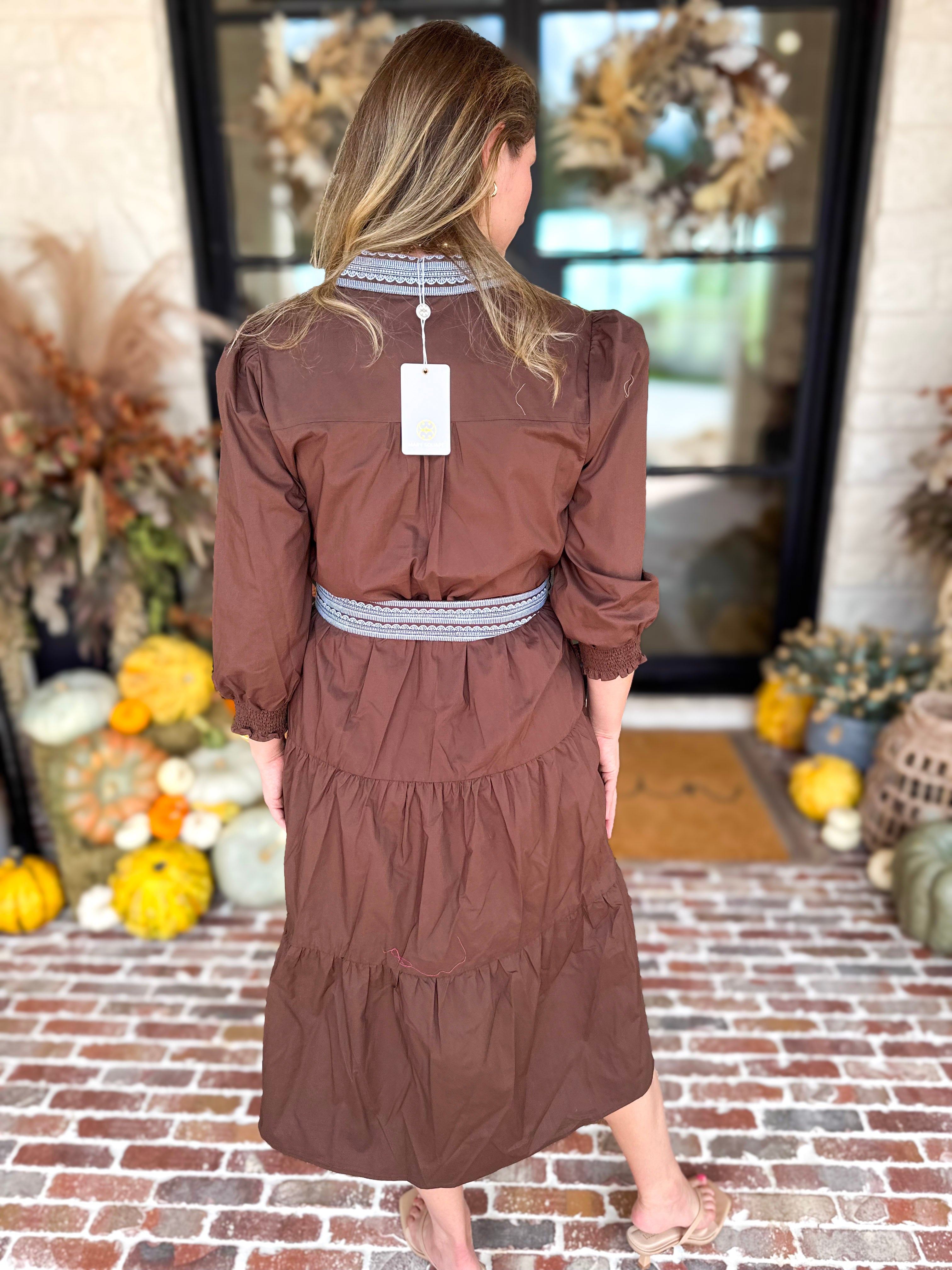 Mary Square - Lace Embroidered Brown Midi Dress-500 Midi-MARY SQUARE-July & June Women's Fashion Boutique Located in San Antonio, Texas