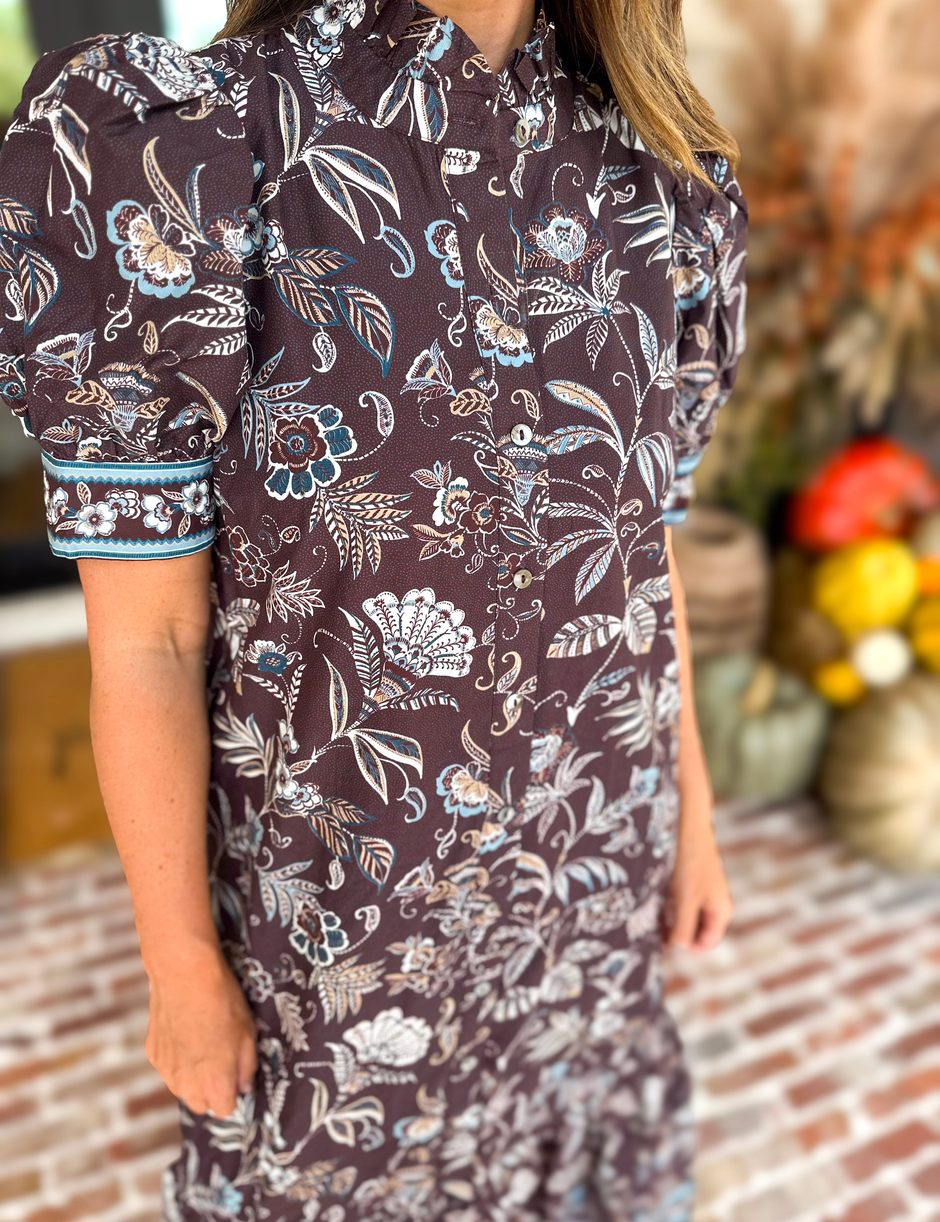 Fall Gardens Puff Sleeve Midi Dress-500 Midi-ENTRO-July & June Women's Fashion Boutique Located in San Antonio, Texas