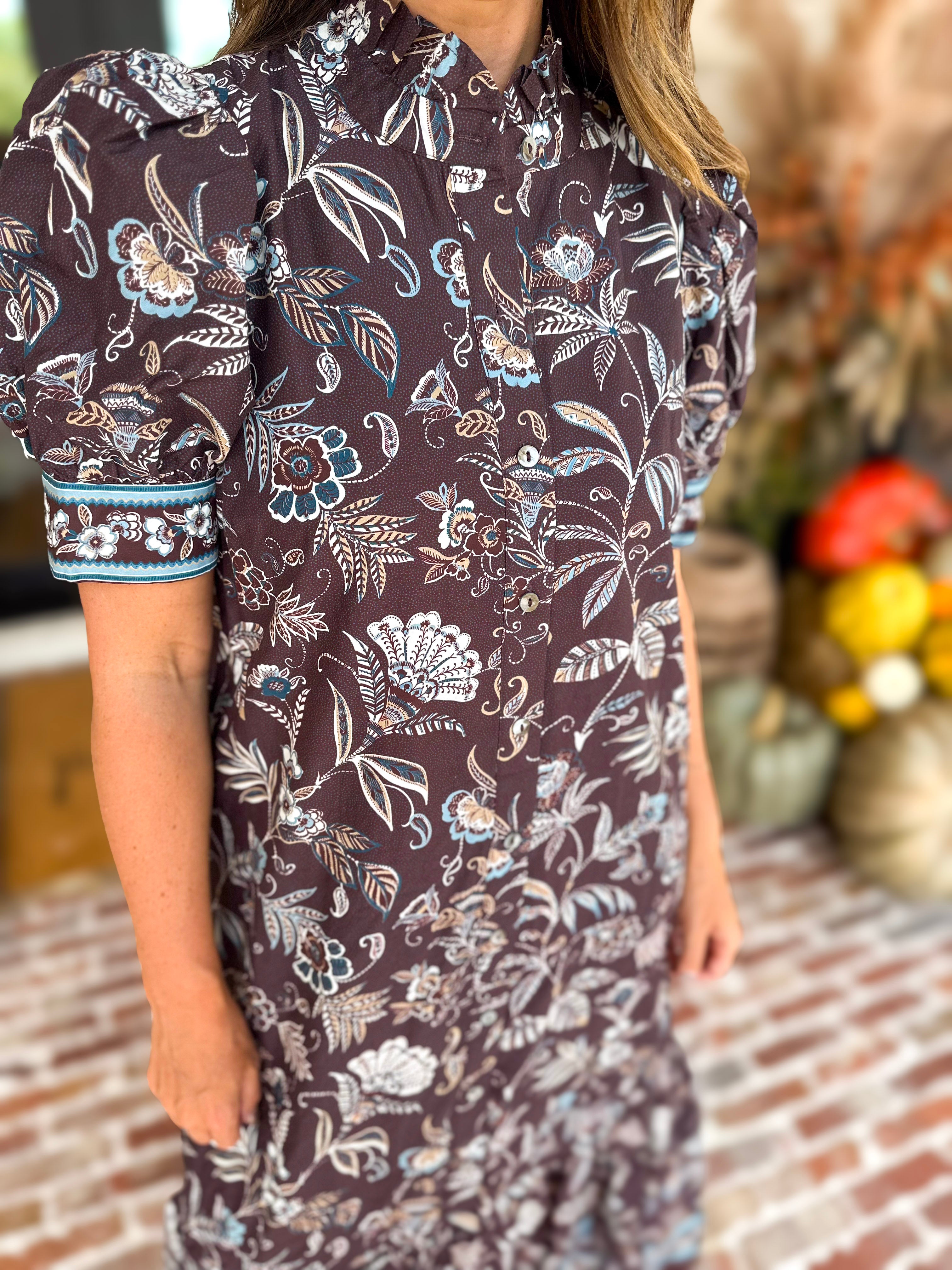 Fall Gardens Puff Sleeve Midi Dress-500 Midi-ENTRO-July & June Women's Fashion Boutique Located in San Antonio, Texas