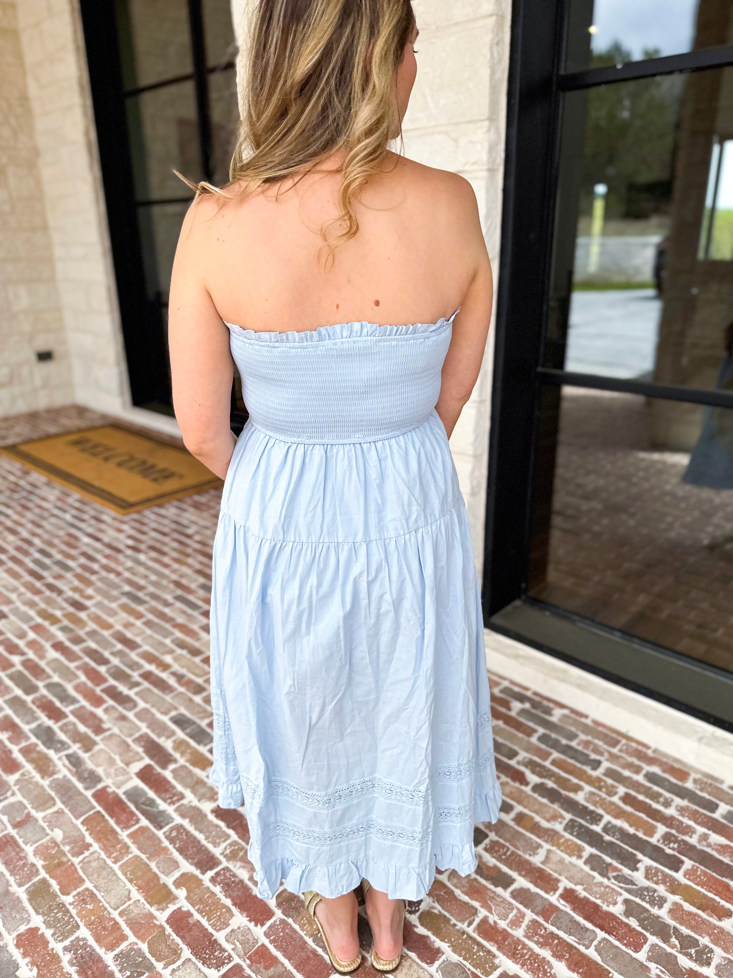 Sky Blue Strapless Midi Dress-500 Midi-MAIN STRIP-July & June Women's Fashion Boutique Located in San Antonio, Texas