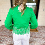 Current Air - Kelly Green Eyelet Lace Blouse-200 Fashion Blouses-CURRENT AIR CLOTHING-July & June Women's Fashion Boutique Located in San Antonio, Texas