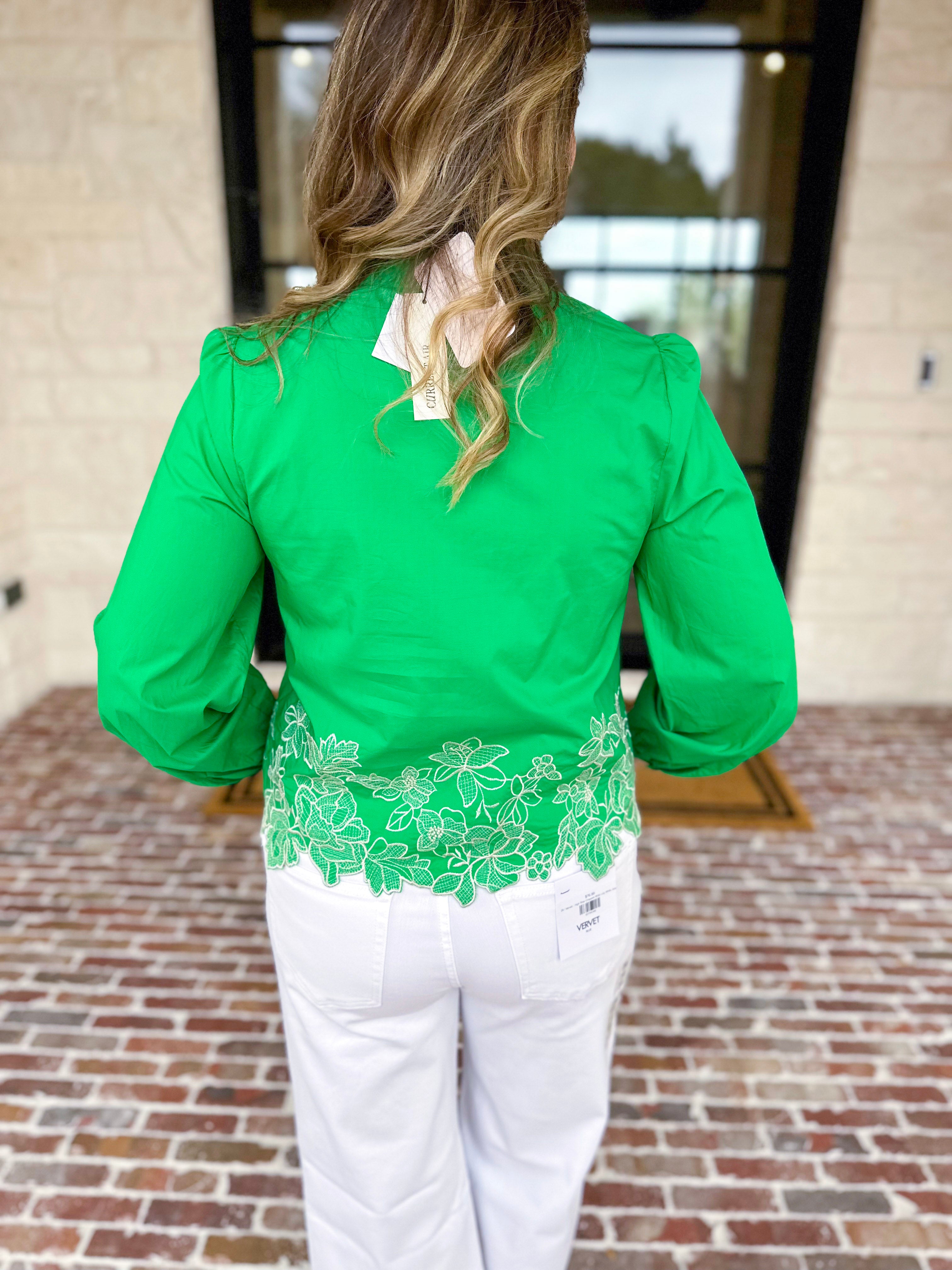 Current Air - Kelly Green Eyelet Lace Blouse-200 Fashion Blouses-CURRENT AIR CLOTHING-July & June Women's Fashion Boutique Located in San Antonio, Texas