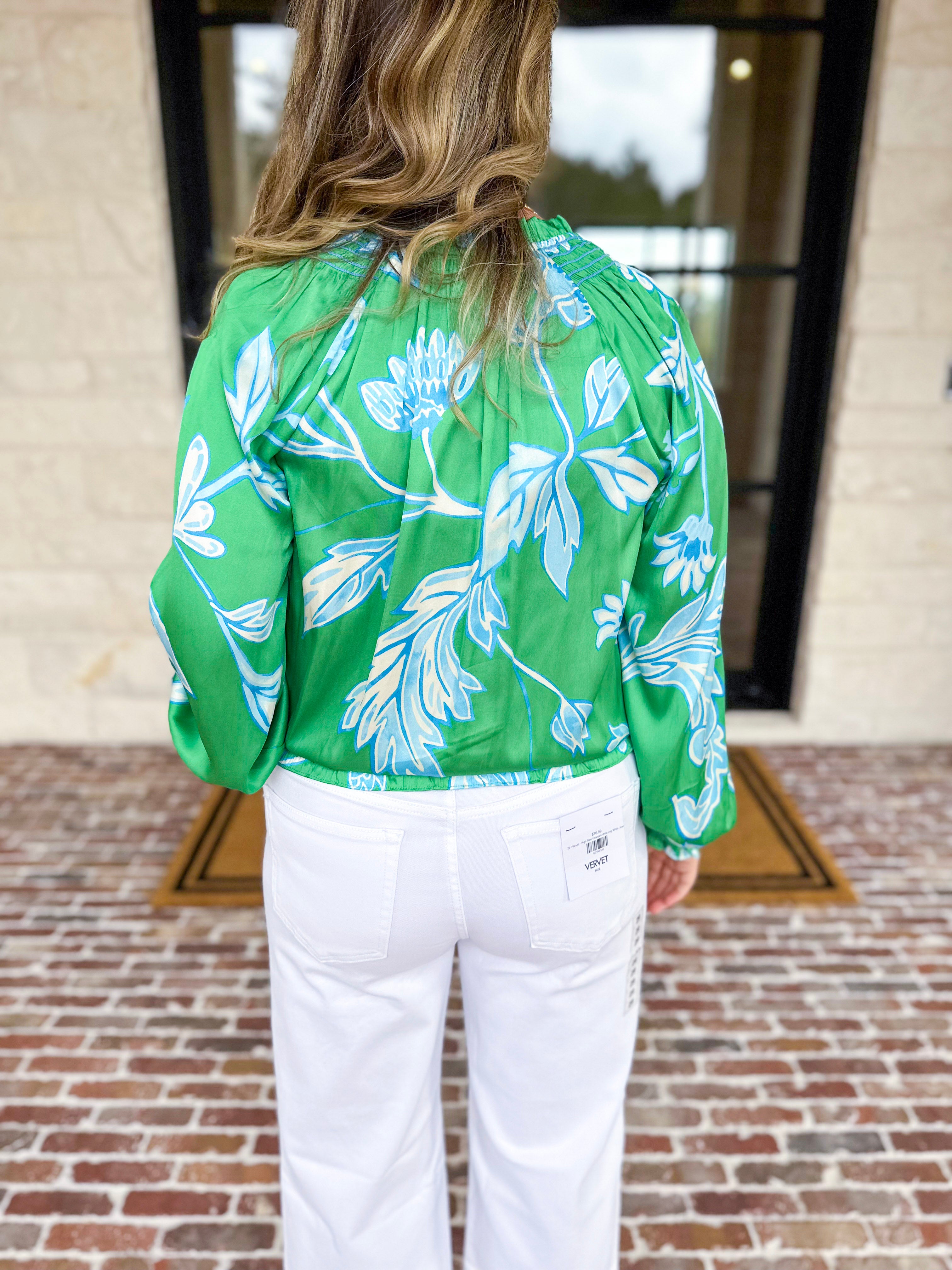 Current Air - Spring Green Floral Blouse-200 Fashion Blouses-CURRENT AIR CLOTHING-July & June Women's Fashion Boutique Located in San Antonio, Texas