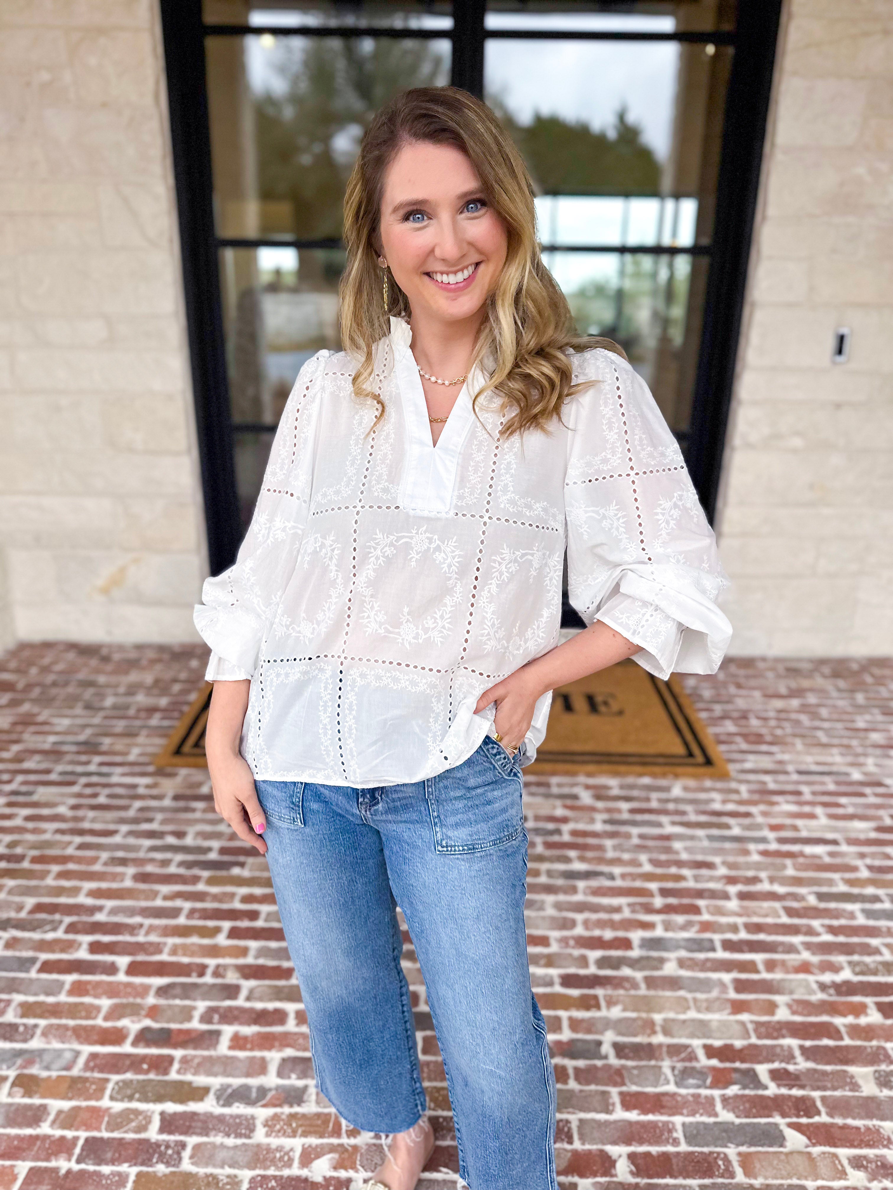 Bloom Where You're Planted Blouse - White-200 Fashion Blouses-ENTRO-July & June Women's Fashion Boutique Located in San Antonio, Texas