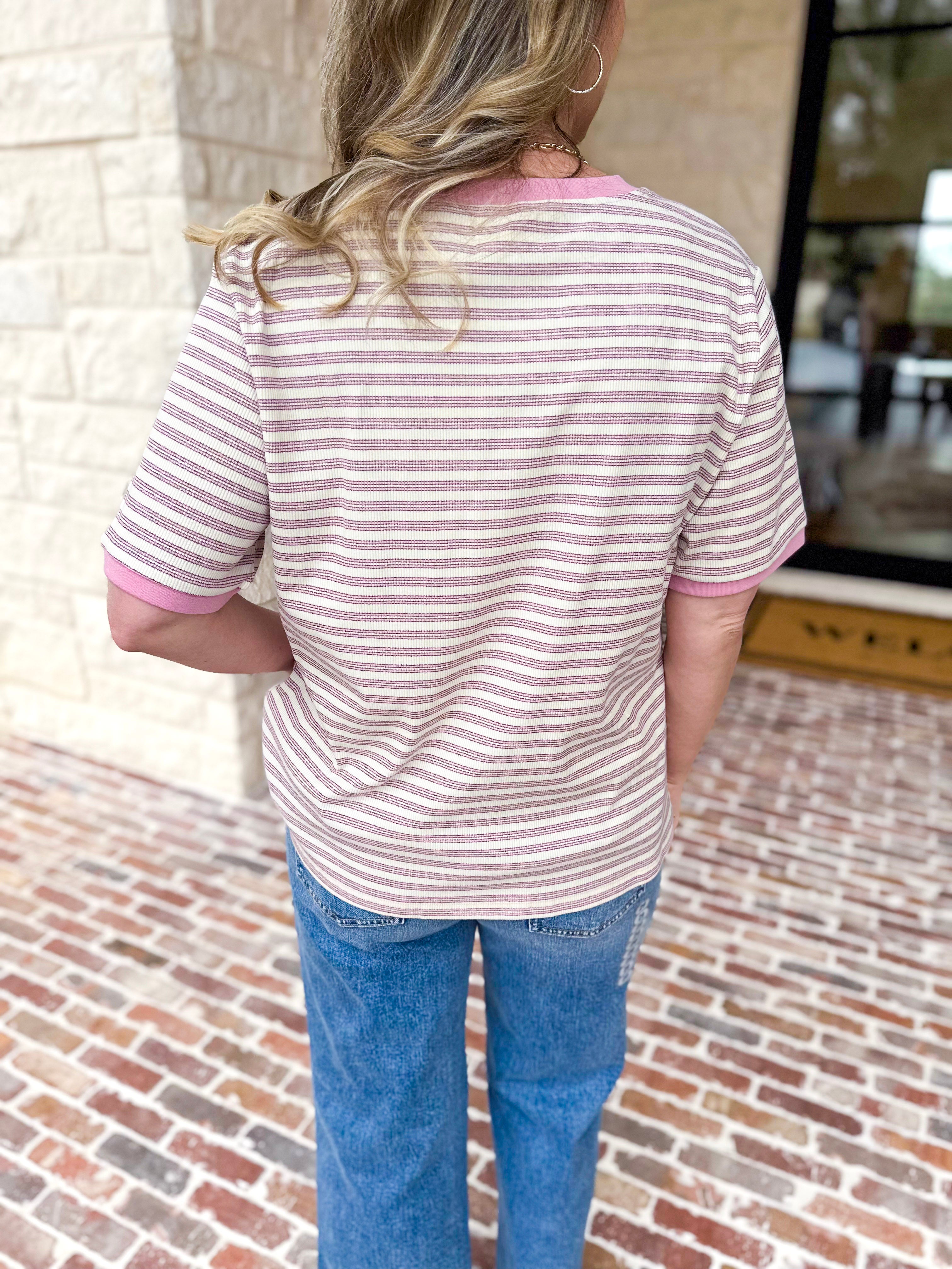 Casual Hangout Striped Tee - Pink-210 Casual Blouses-POLOGRAM-July & June Women's Fashion Boutique Located in San Antonio, Texas