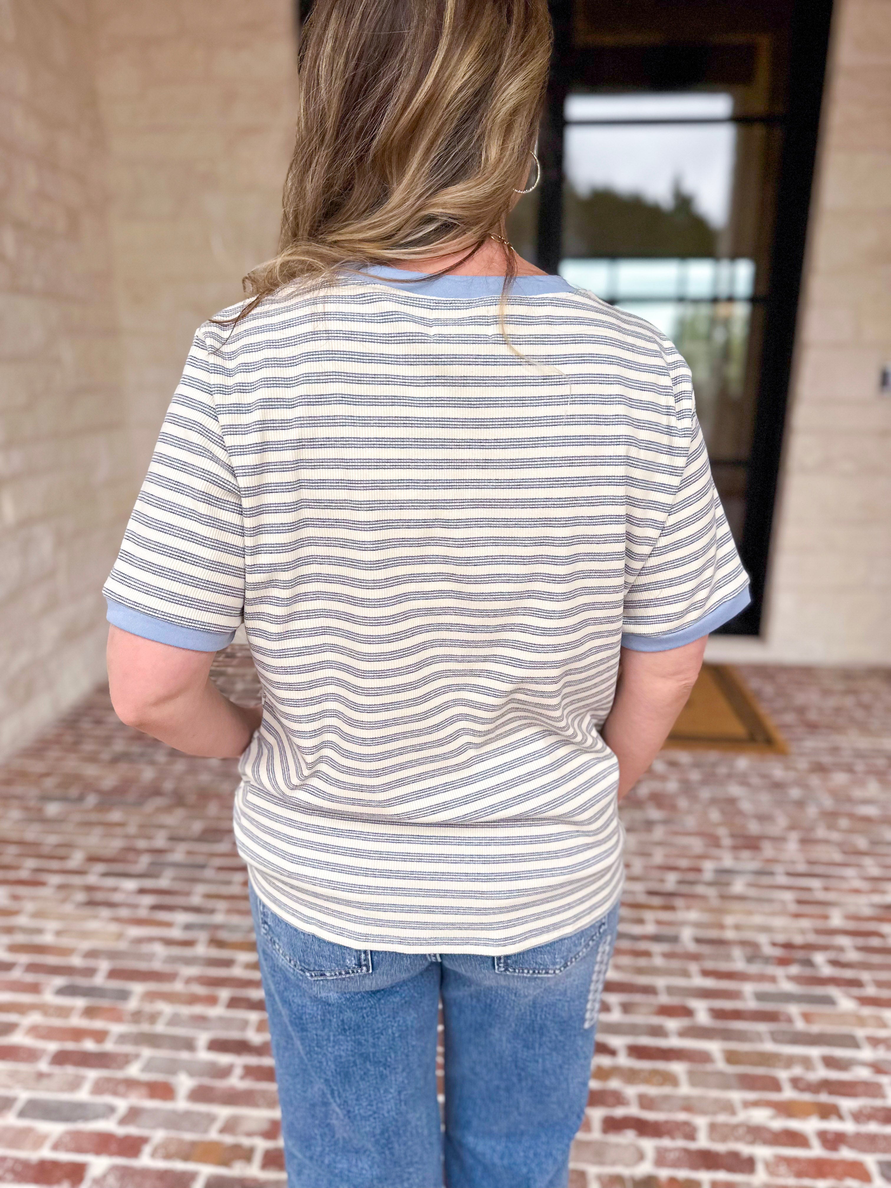 Casual Hangout Striped Tee - Blue-210 Casual Blouses-POLOGRAM-July & June Women's Fashion Boutique Located in San Antonio, Texas