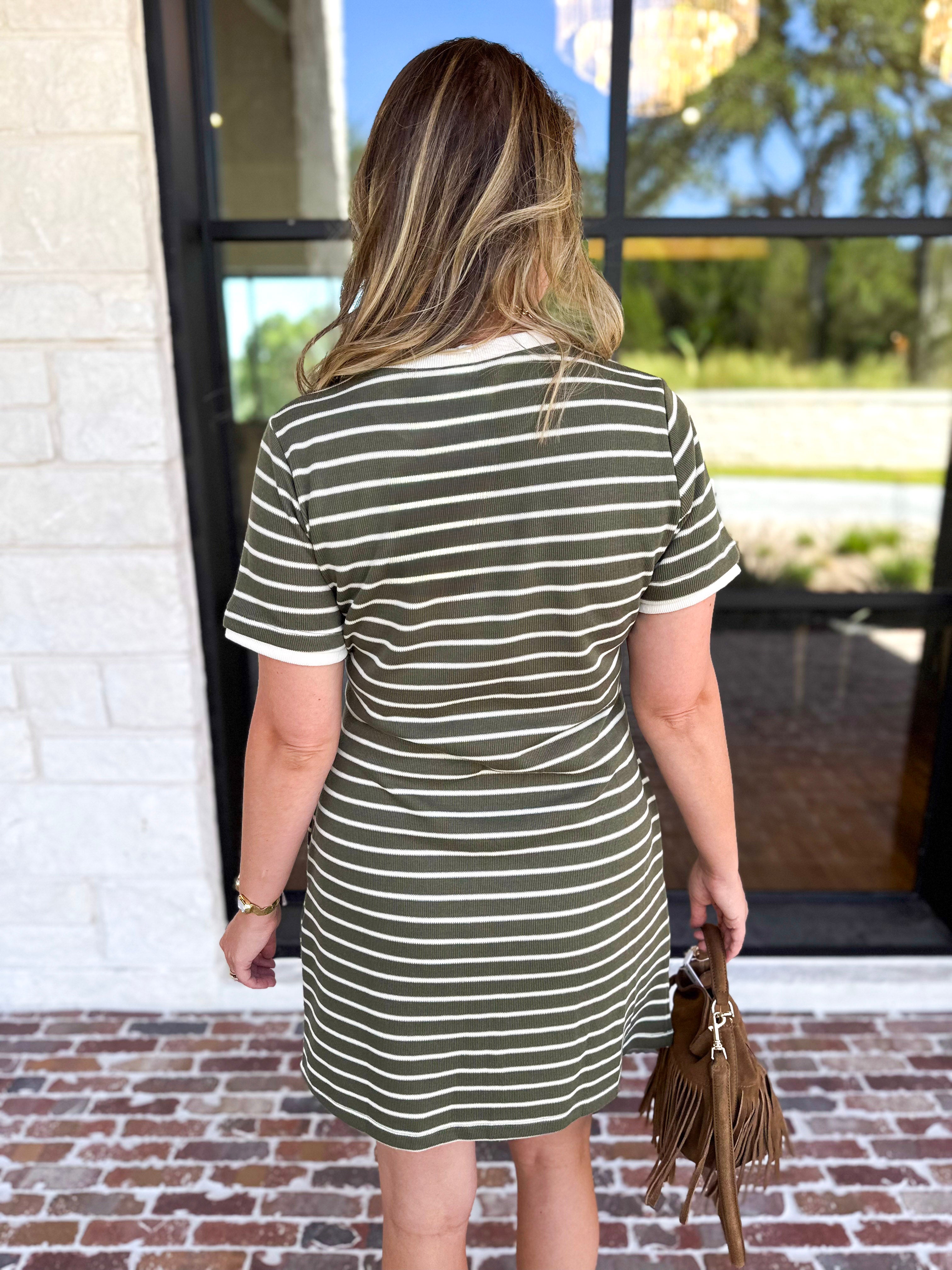 Striped Twist Mini Dress - Olive-510 Mini-ENTRO-July & June Women's Fashion Boutique Located in San Antonio, Texas