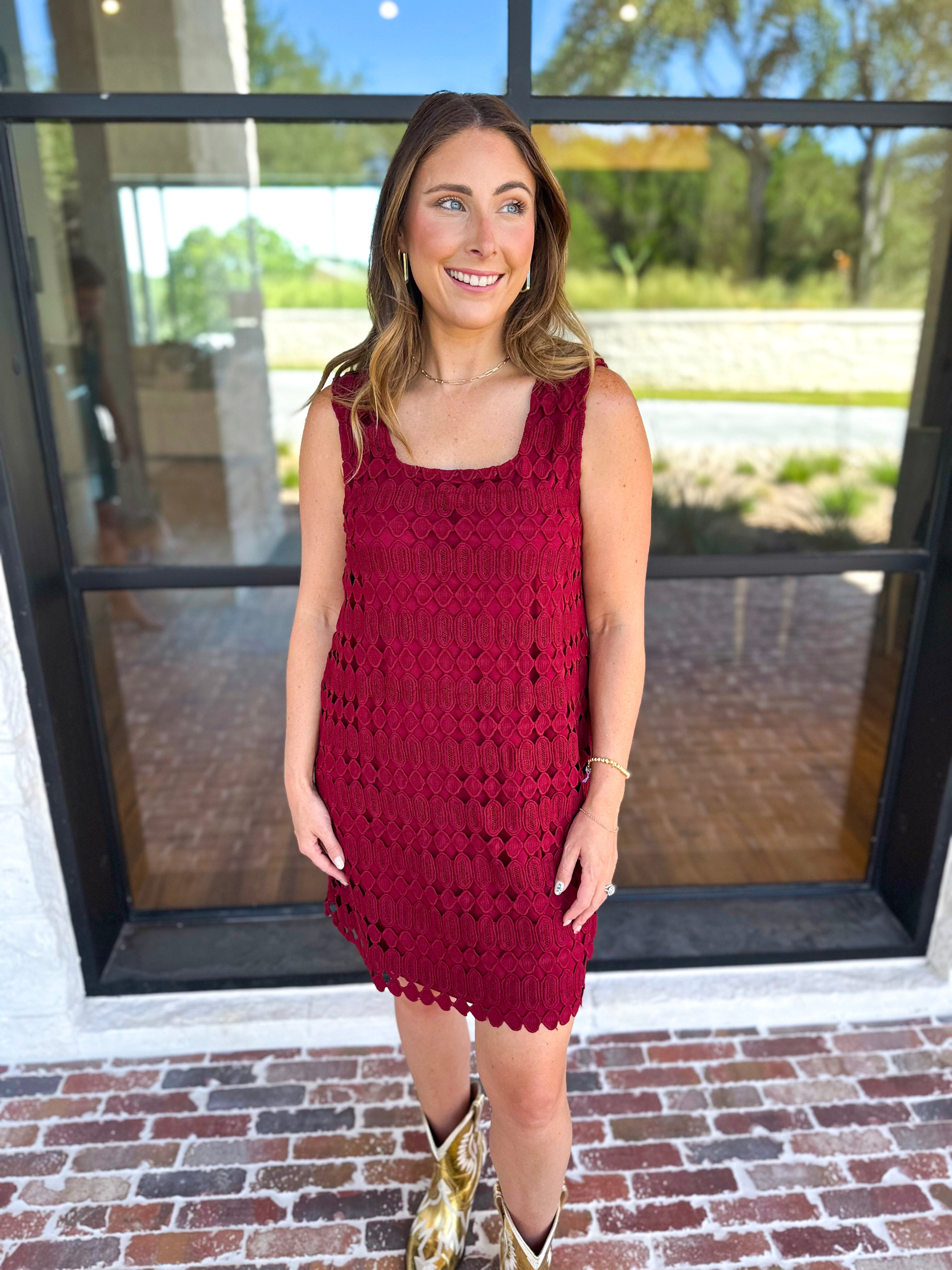 Crochet Overlay Mini Dress - Wine-510 Mini-ENTRO-July & June Women's Fashion Boutique Located in San Antonio, Texas
