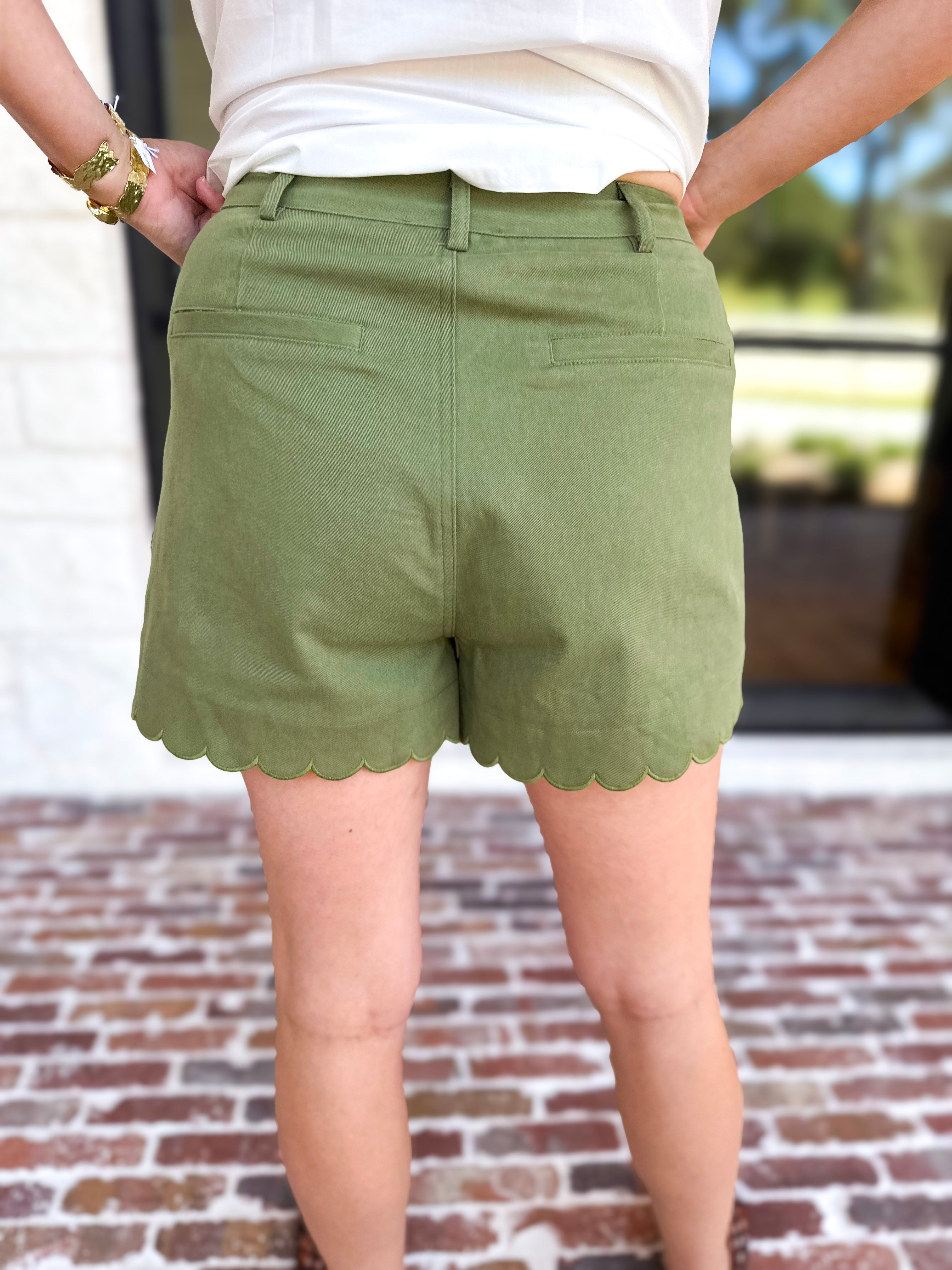 Scalloped Shorts - Matcha-410 Shorts/Skirts-ENTRO-July & June Women's Fashion Boutique Located in San Antonio, Texas