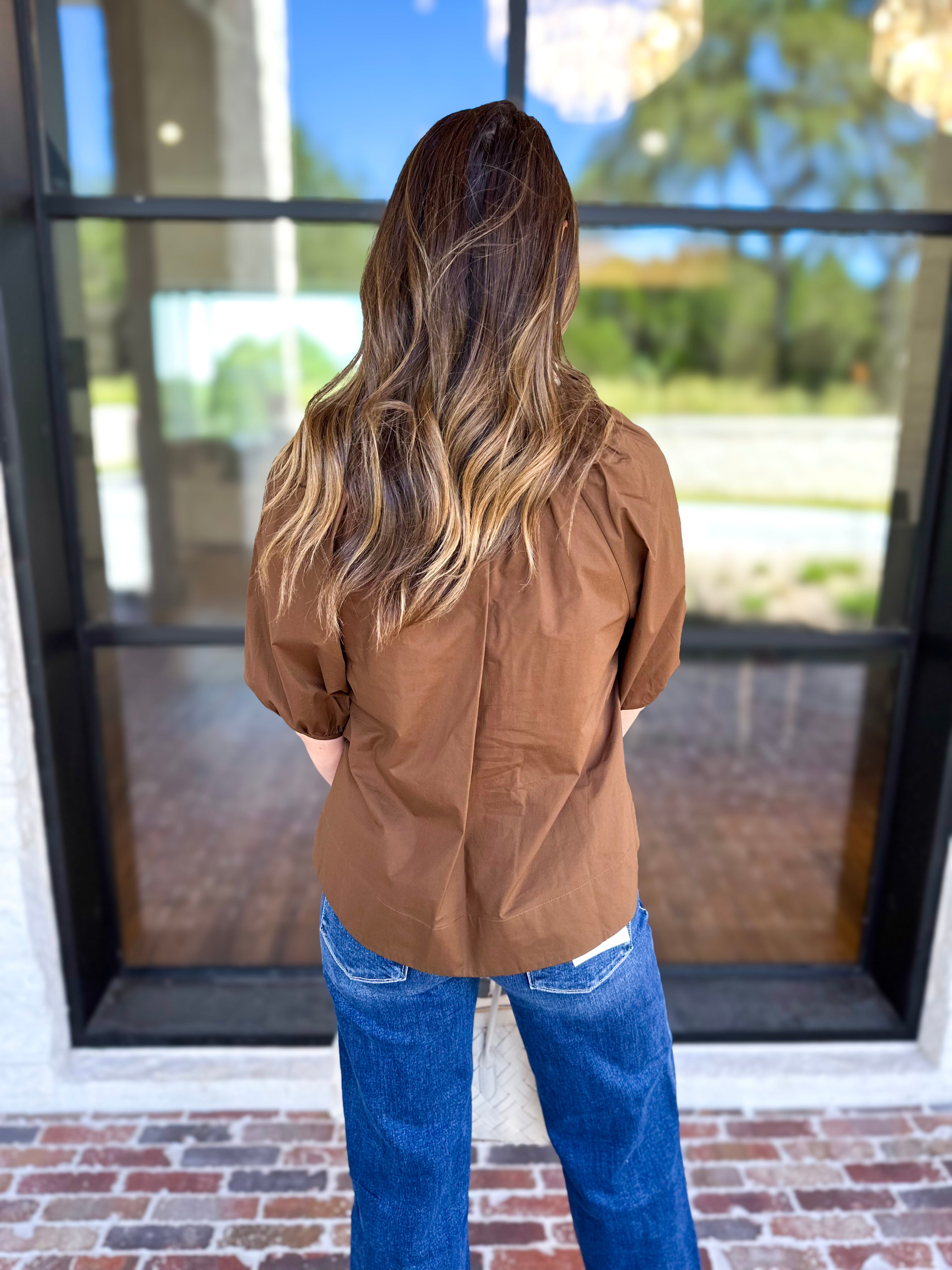 Feminine Everyday V-Neck Blouse - Chocolate Brown-200 Fashion Blouses-OLIVACEOUS-July & June Women's Fashion Boutique Located in San Antonio, Texas