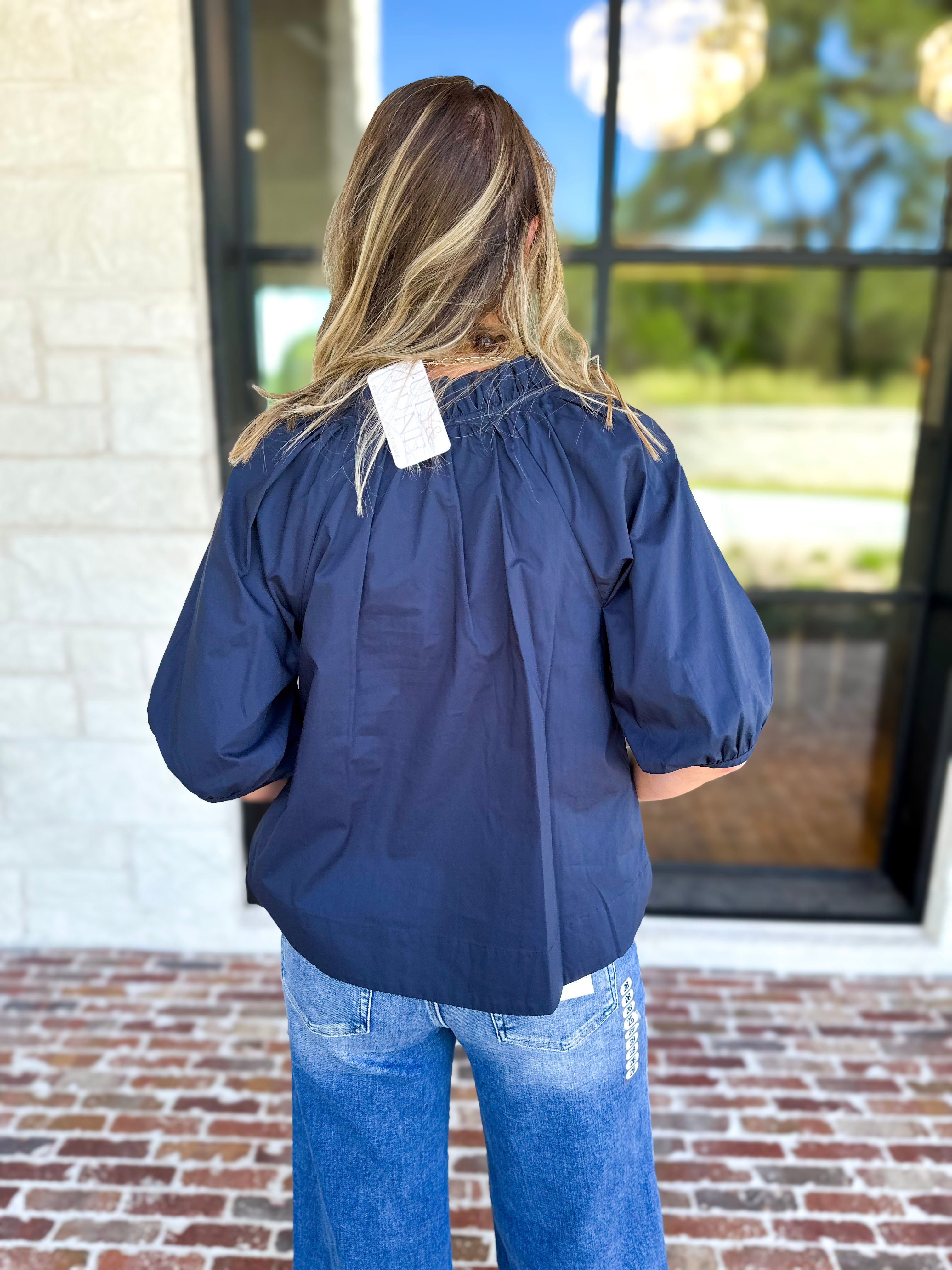 Feminine Everyday V-Neck Blouse - Navy Blue-200 Fashion Blouses-OLIVACEOUS-July & June Women's Fashion Boutique Located in San Antonio, Texas
