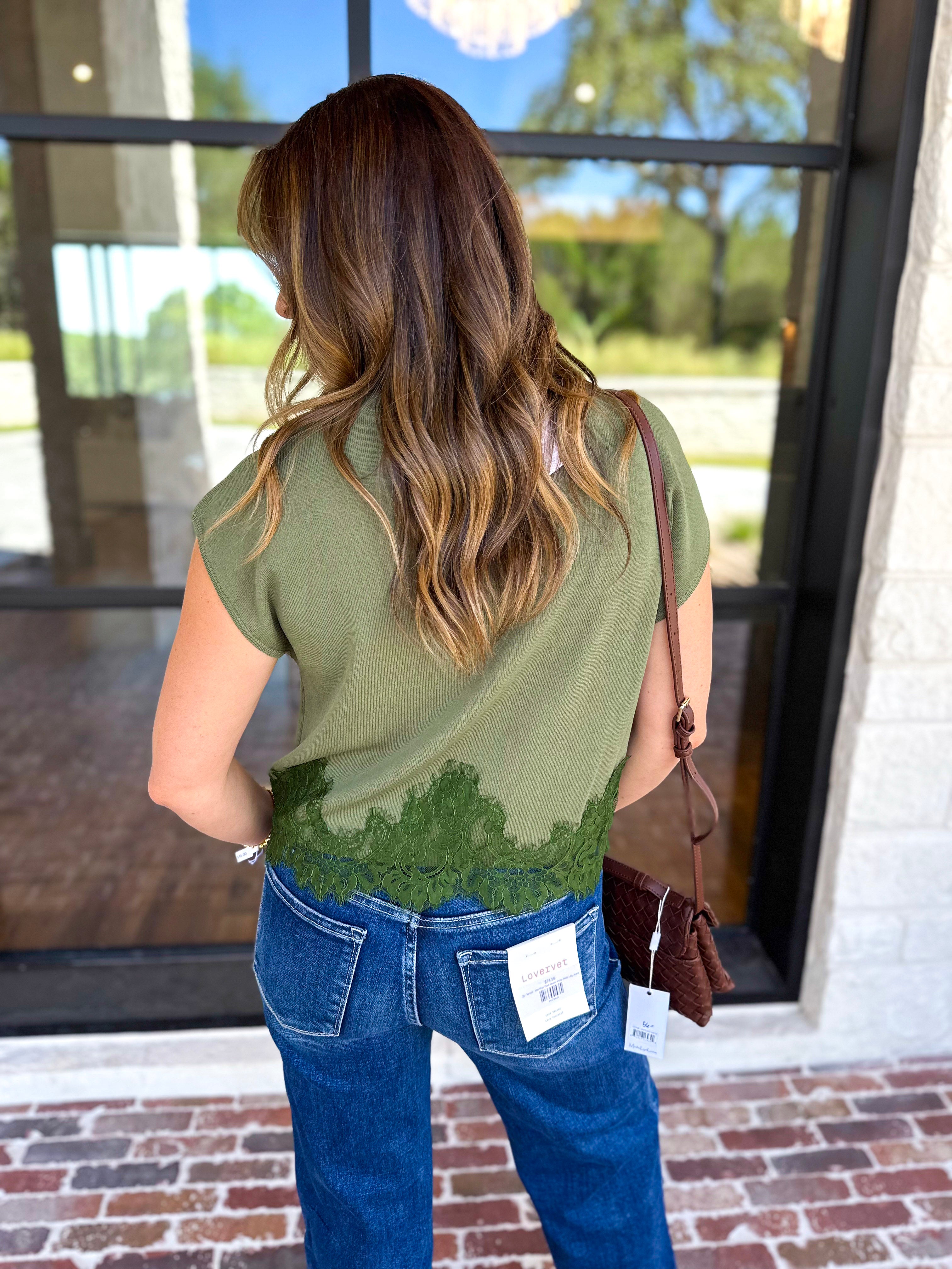 The Timeless Lace Detail Top - Olive-200 Fashion Blouses-ENTRO-July & June Women's Fashion Boutique Located in San Antonio, Texas
