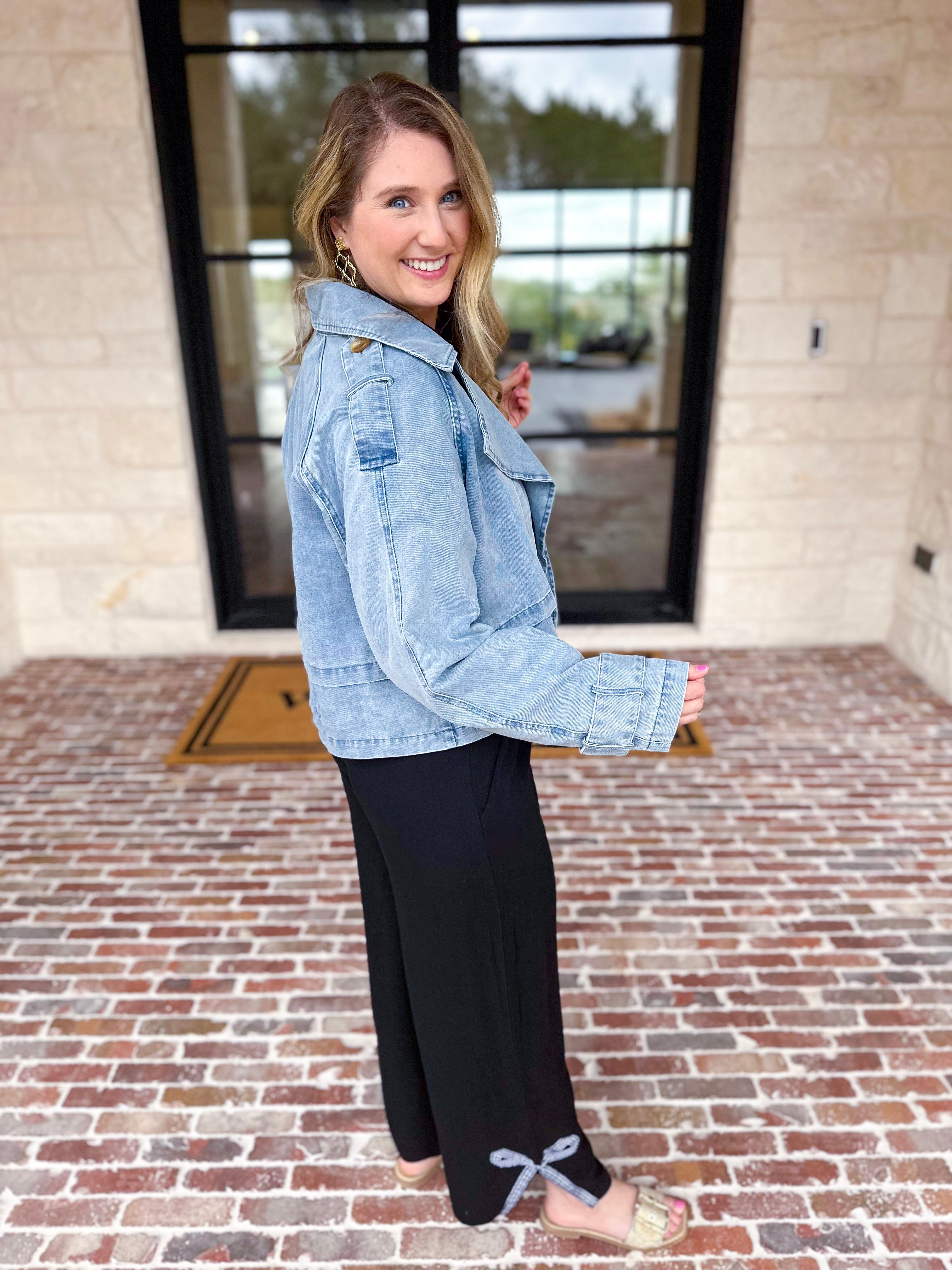 Light Wash Trench Style Denim Jacket-600 Outerwear-TCEC-July & June Women's Fashion Boutique Located in San Antonio, Texas