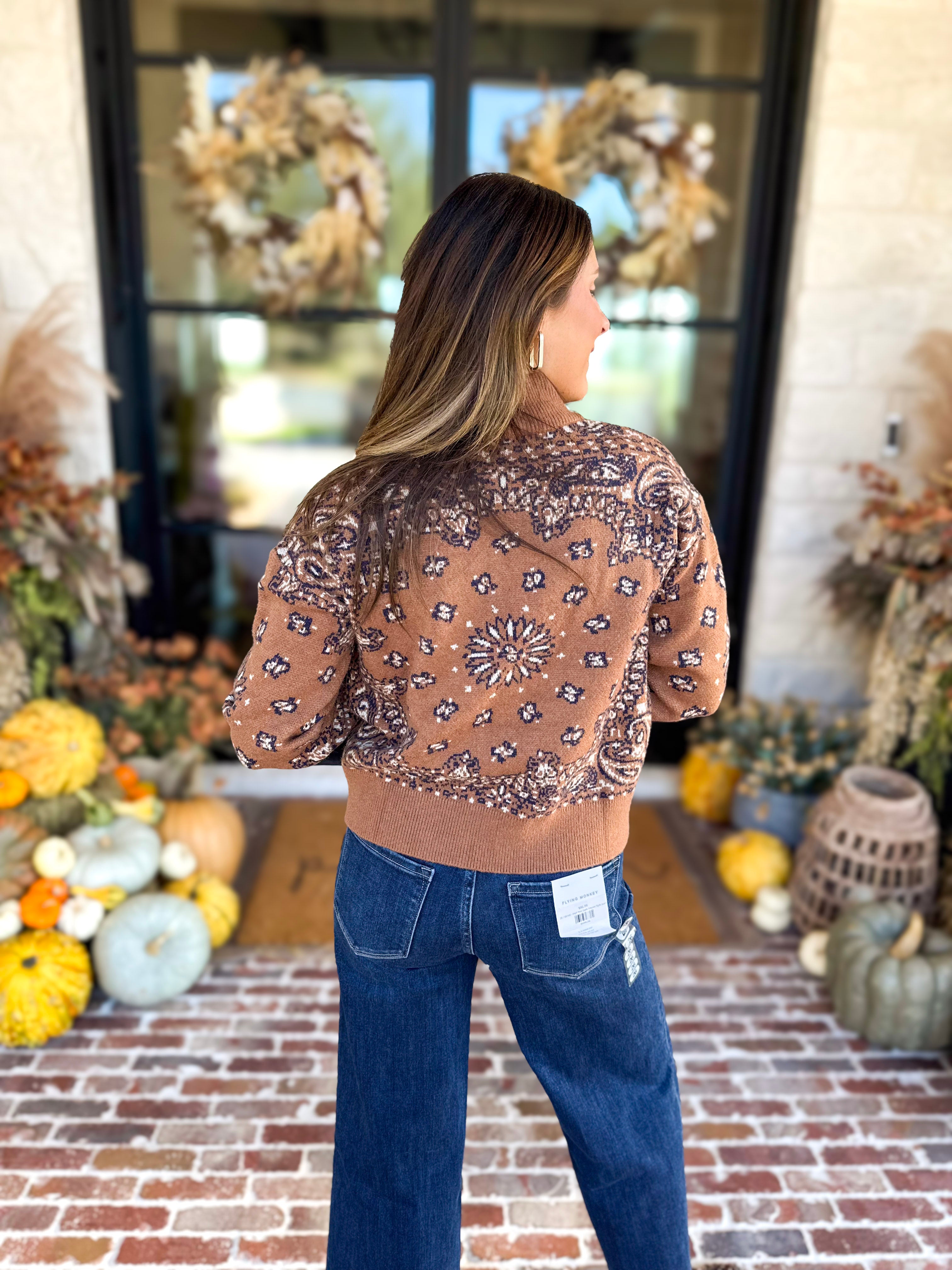 Current Air - Chestnut Paisley Quarter Zip Sweater-230 Sweaters/Cardis-CURRENT AIR CLOTHING-July & June Women's Fashion Boutique Located in San Antonio, Texas