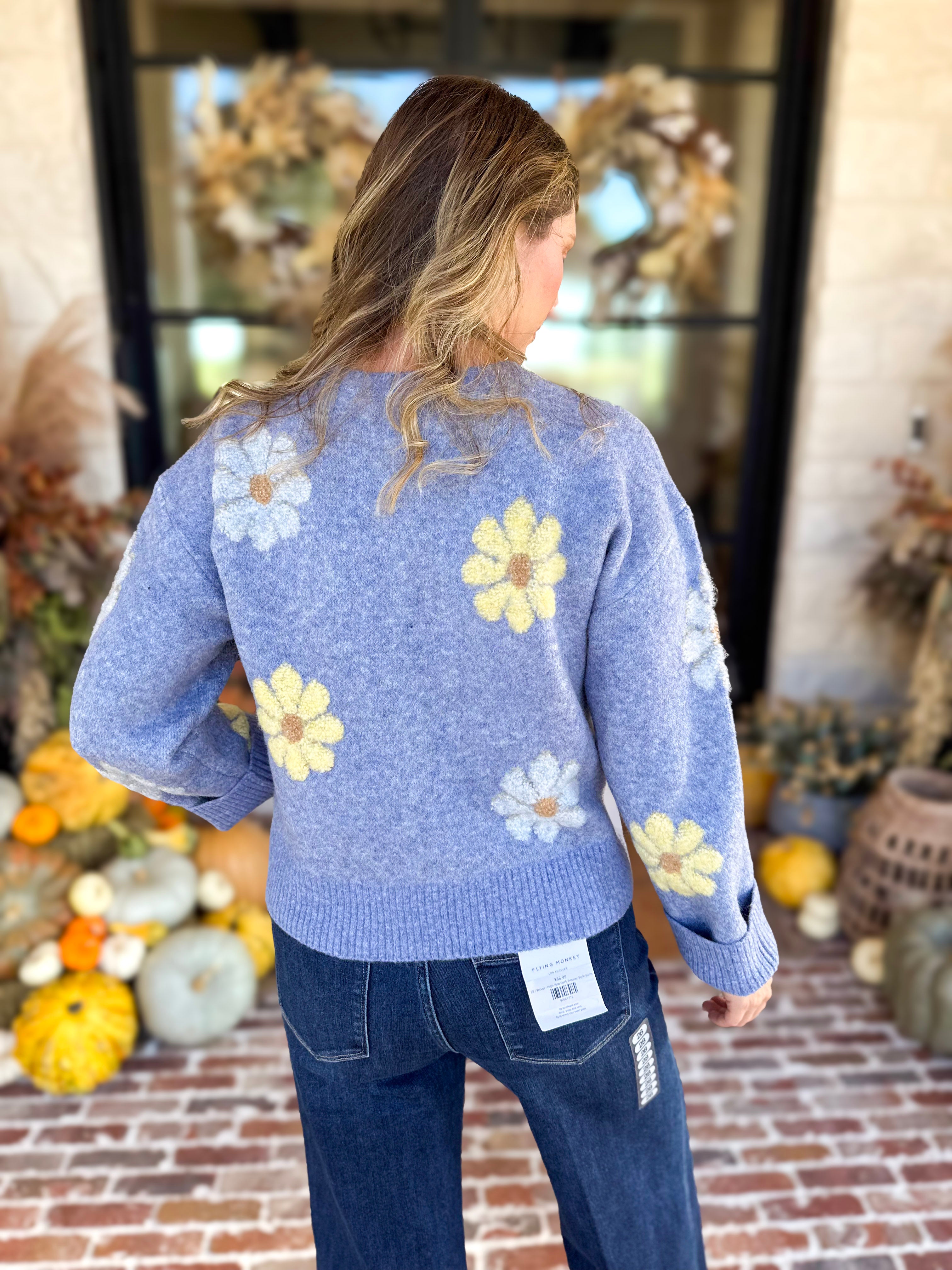Current Air - Sky Blue Daisy Sweater-230 Sweaters/Cardis-CURRENT AIR CLOTHING-July & June Women's Fashion Boutique Located in San Antonio, Texas