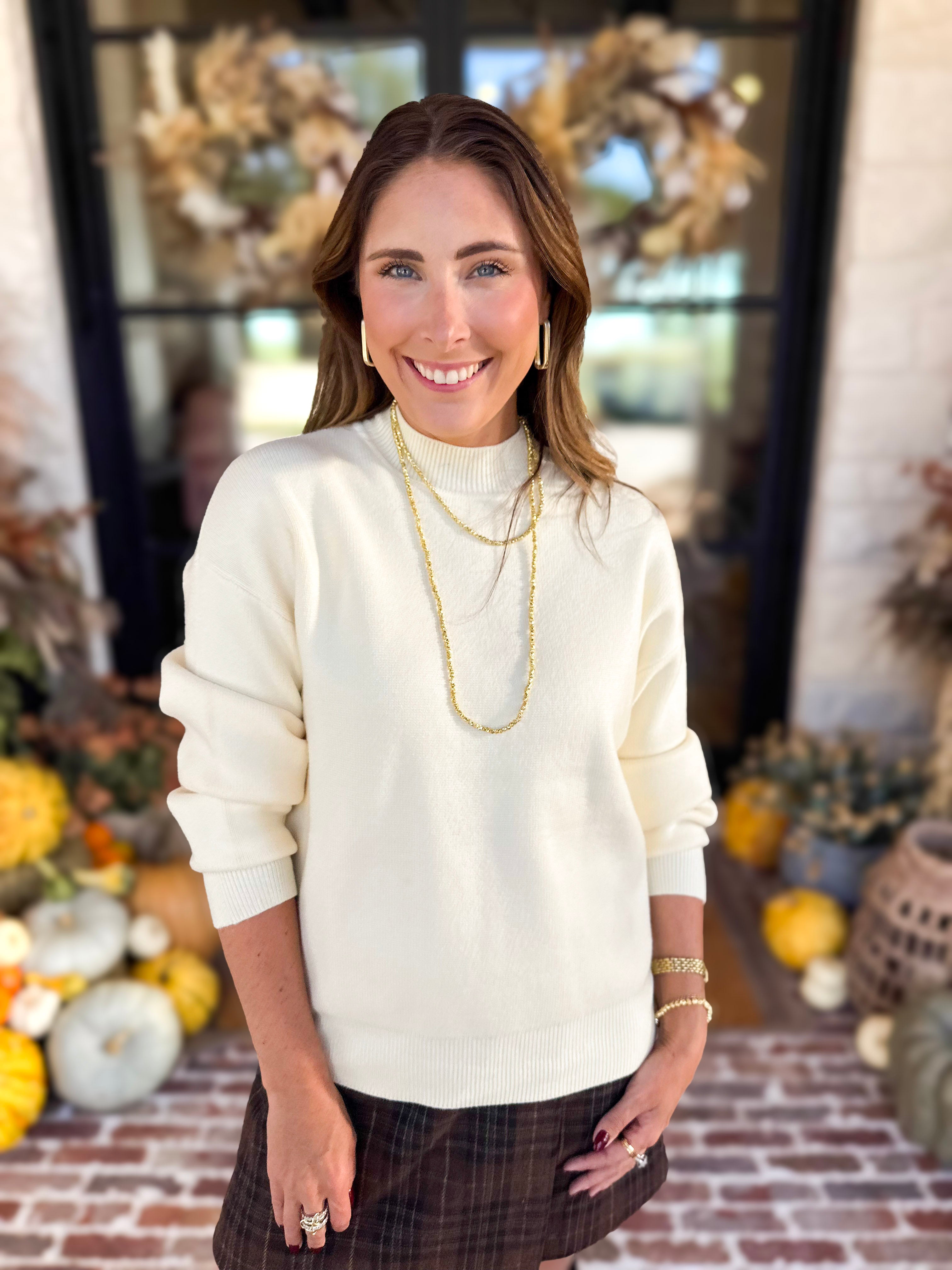 The Daily Mock Neck Sweater - Vanilla Cream-230 Sweaters/Cardis-SKIES ARE BLUE-July & June Women's Fashion Boutique Located in San Antonio, Texas