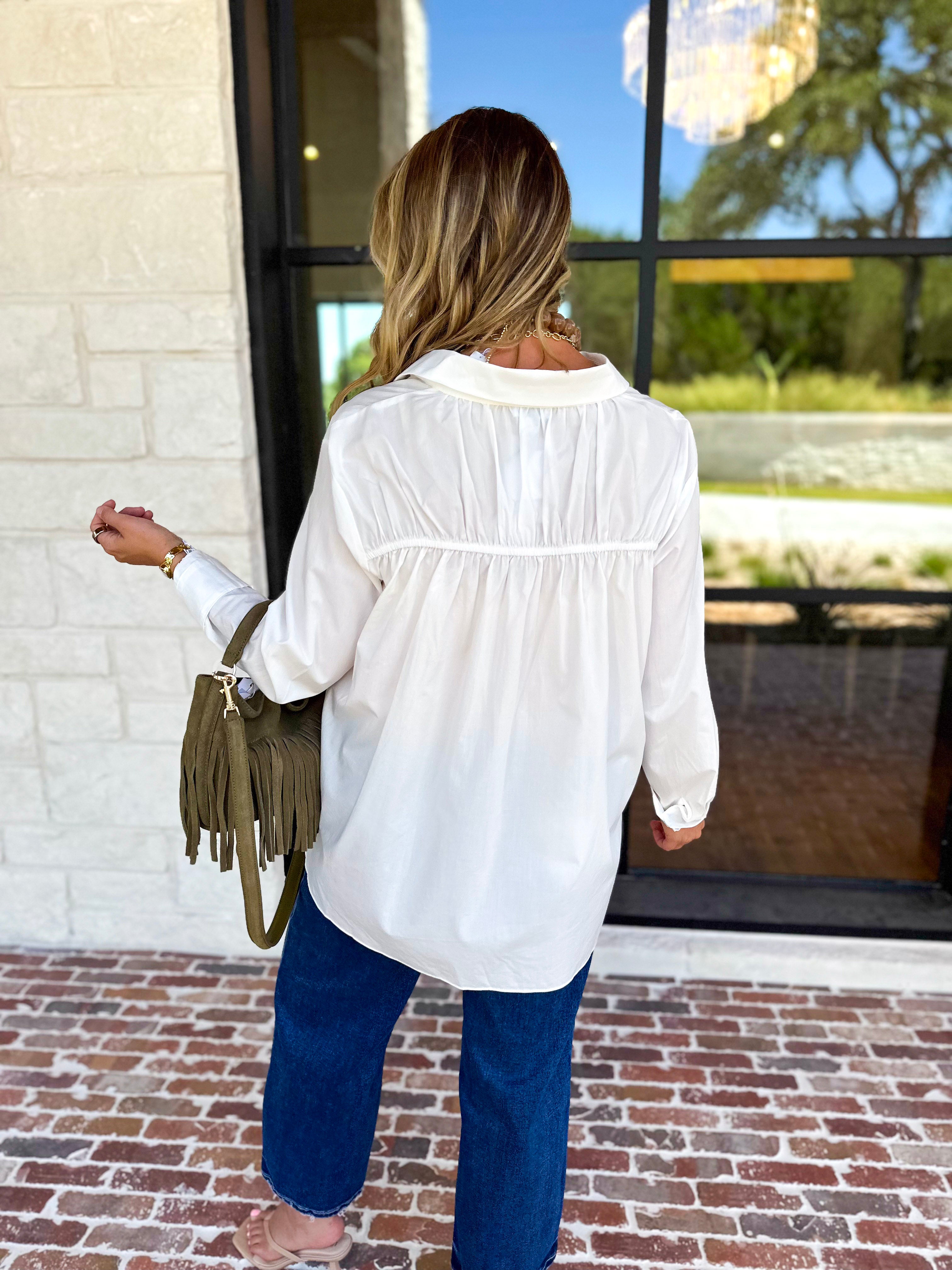 Current Air - Crisp White Floral Button Down Blouse-200 Fashion Blouses-CURRENT AIR CLOTHING-July & June Women's Fashion Boutique Located in San Antonio, Texas