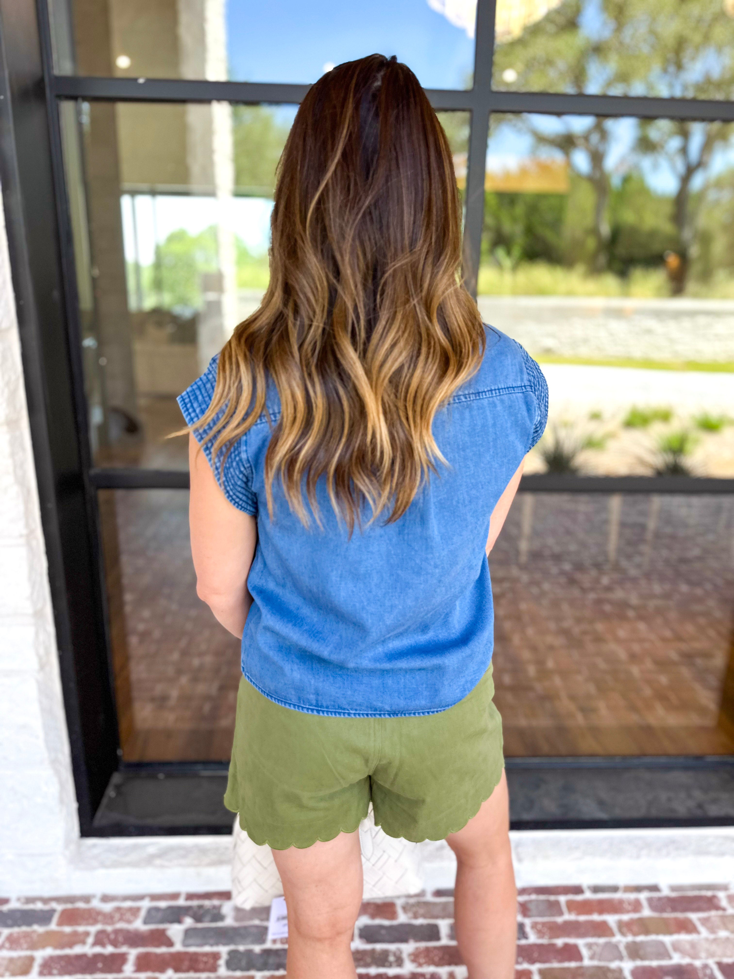 Current Air - Embroidered Washed Denim Short Sleeve Top-200 Fashion Blouses-CURRENT AIR CLOTHING-July & June Women's Fashion Boutique Located in San Antonio, Texas