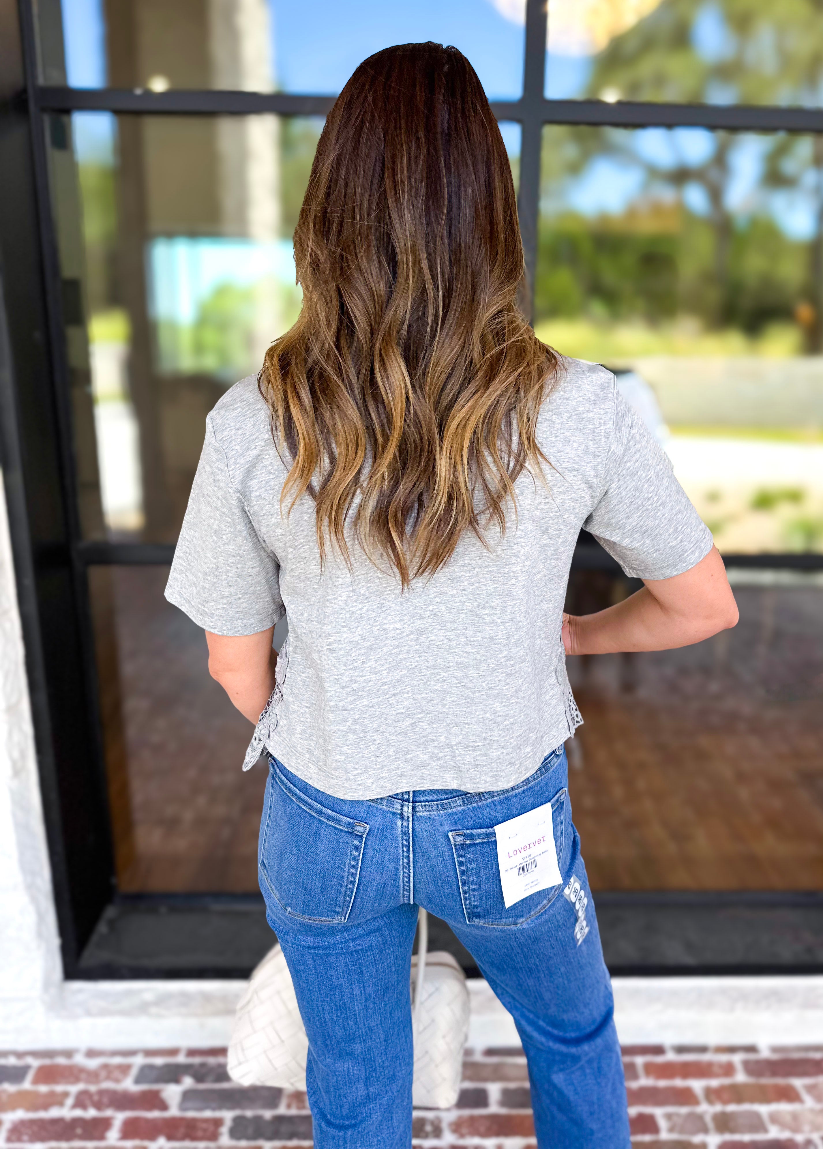 Current Air - Heather Grey Lace Trim Tee-200 Fashion Blouses-CURRENT AIR CLOTHING-July & June Women's Fashion Boutique Located in San Antonio, Texas
