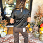Liverpool - Chic Faux Leather Floral Tee-200 Fashion Blouses-LIVERPOOL JEANS COMPANY-July & June Women's Fashion Boutique Located in San Antonio, Texas