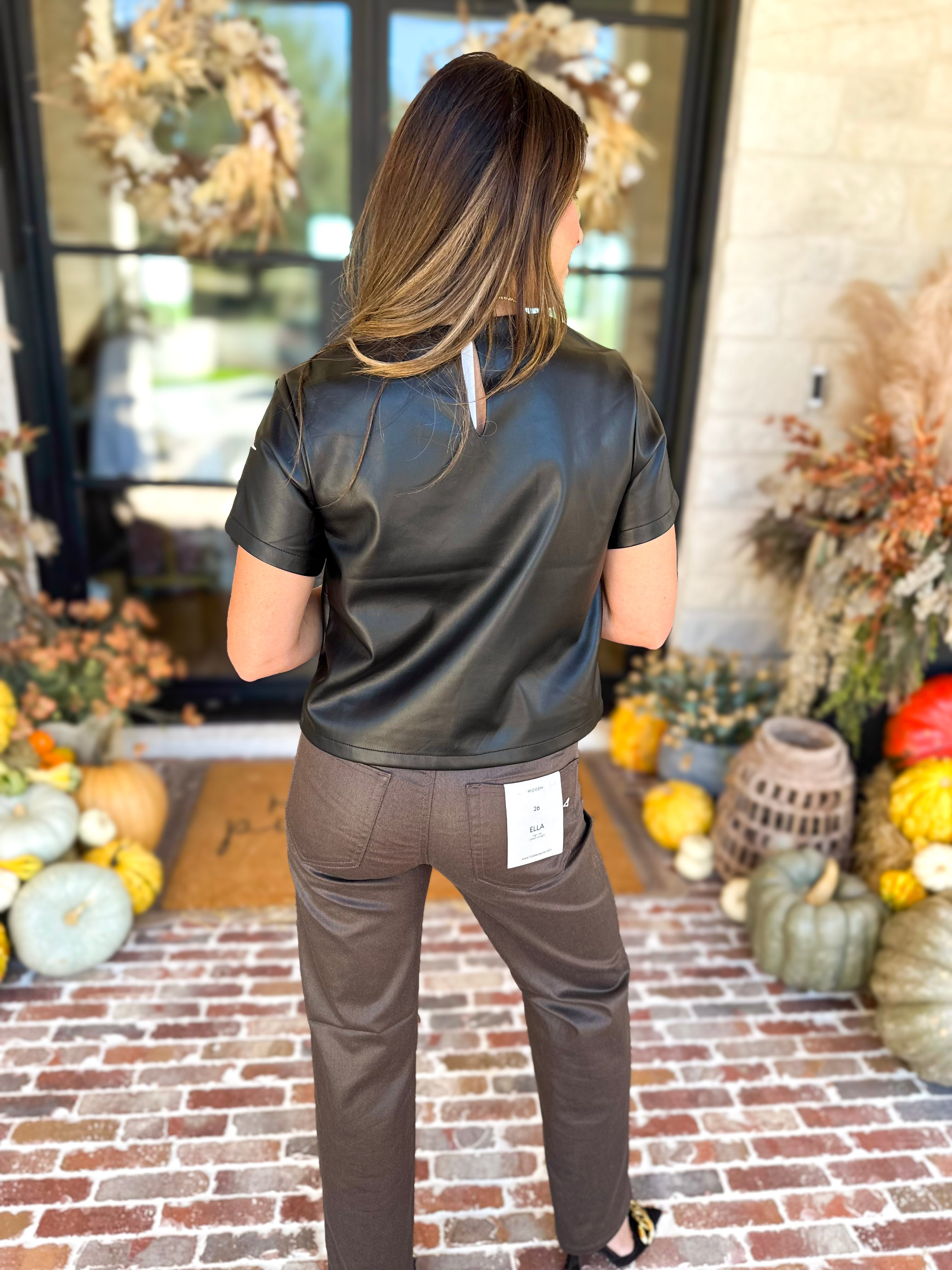 Liverpool - Chic Faux Leather Floral Tee-200 Fashion Blouses-LIVERPOOL JEANS COMPANY-July & June Women's Fashion Boutique Located in San Antonio, Texas