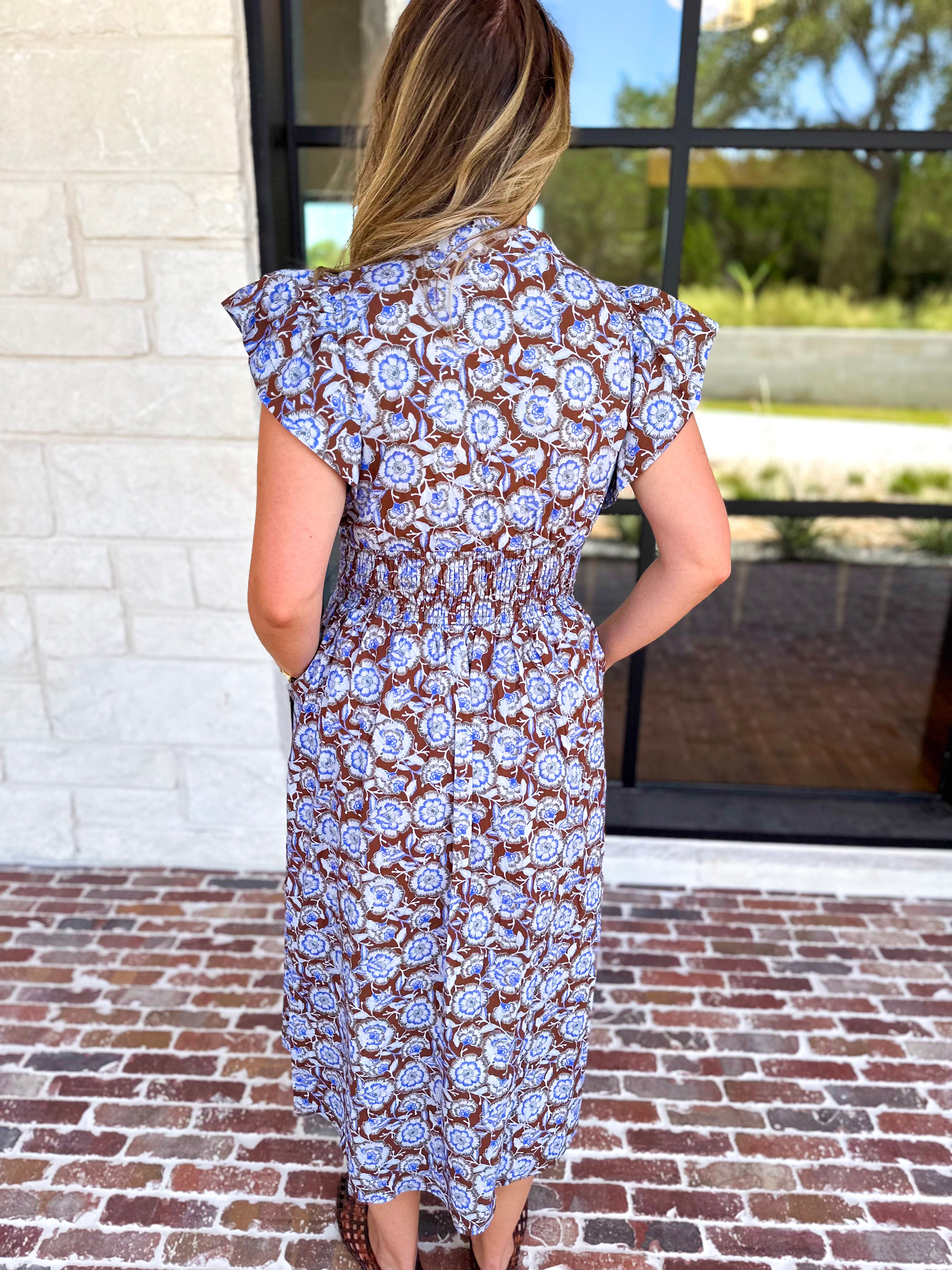 Blue & Brown Floral Midi Dress-500 Midi-ENTRO-July & June Women's Fashion Boutique Located in San Antonio, Texas