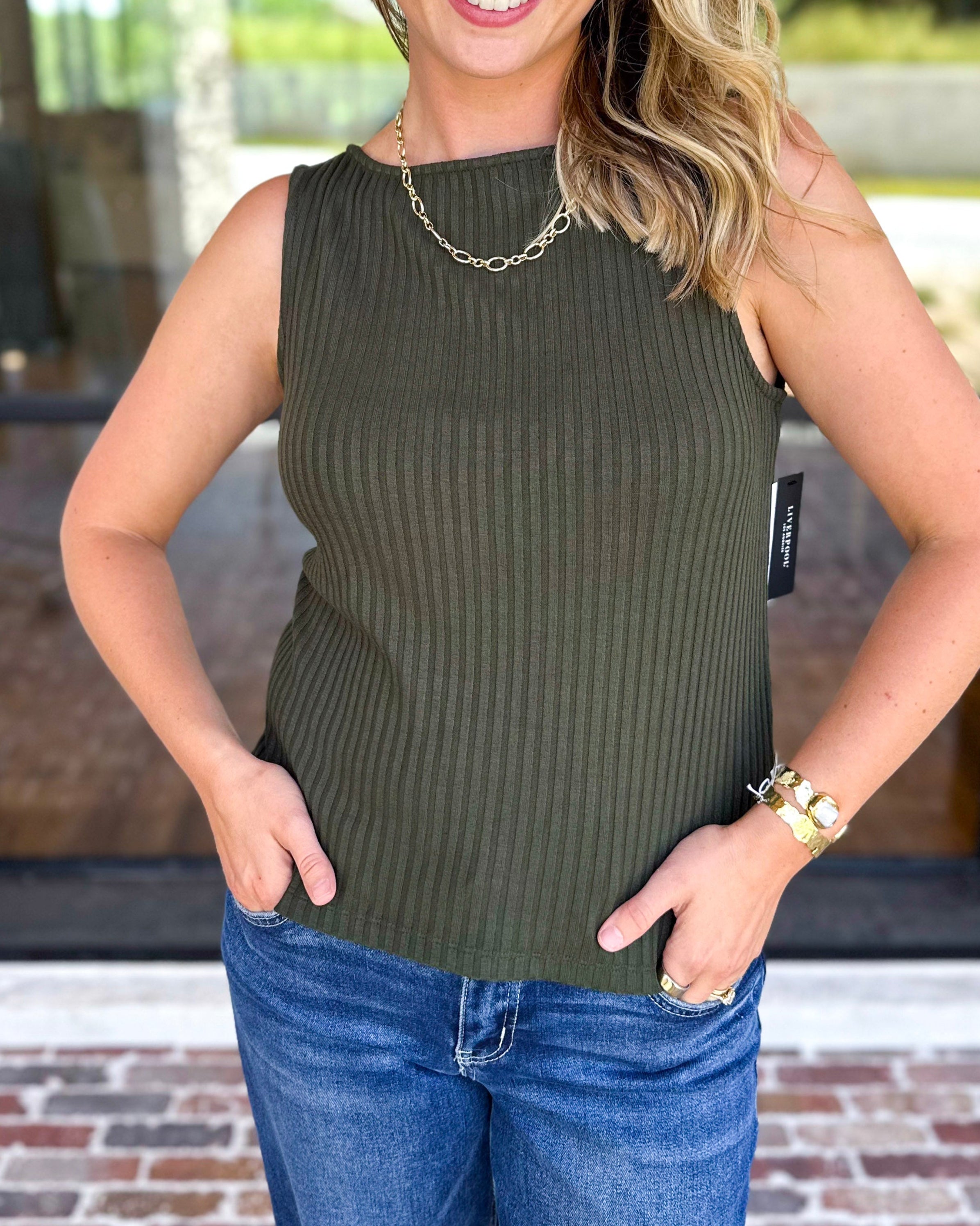 Liverpool - Classic Boatneck Knit Tank - Hunter Green-210 Casual Blouses-LIVERPOOL JEANS COMPANY-July & June Women's Fashion Boutique Located in San Antonio, Texas